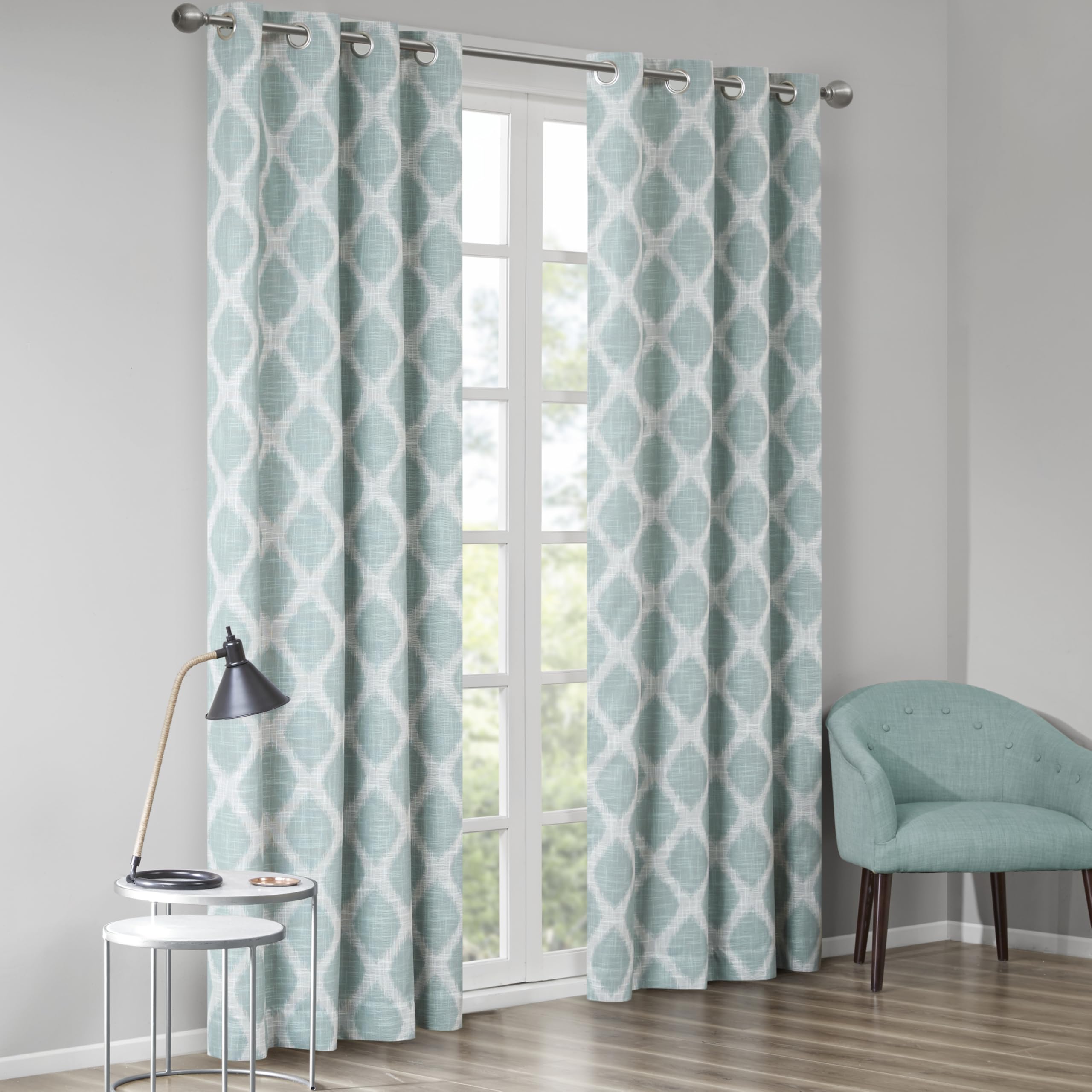 Sun Smart Blakesly Blackout Curtains Patio Window, Ikat Print, Grommet Top Living Room Decor, Living Room Decor, Thermal Insulated Light Blocking Drape for Bedroom and Apartments, 50" x 84", Aqua