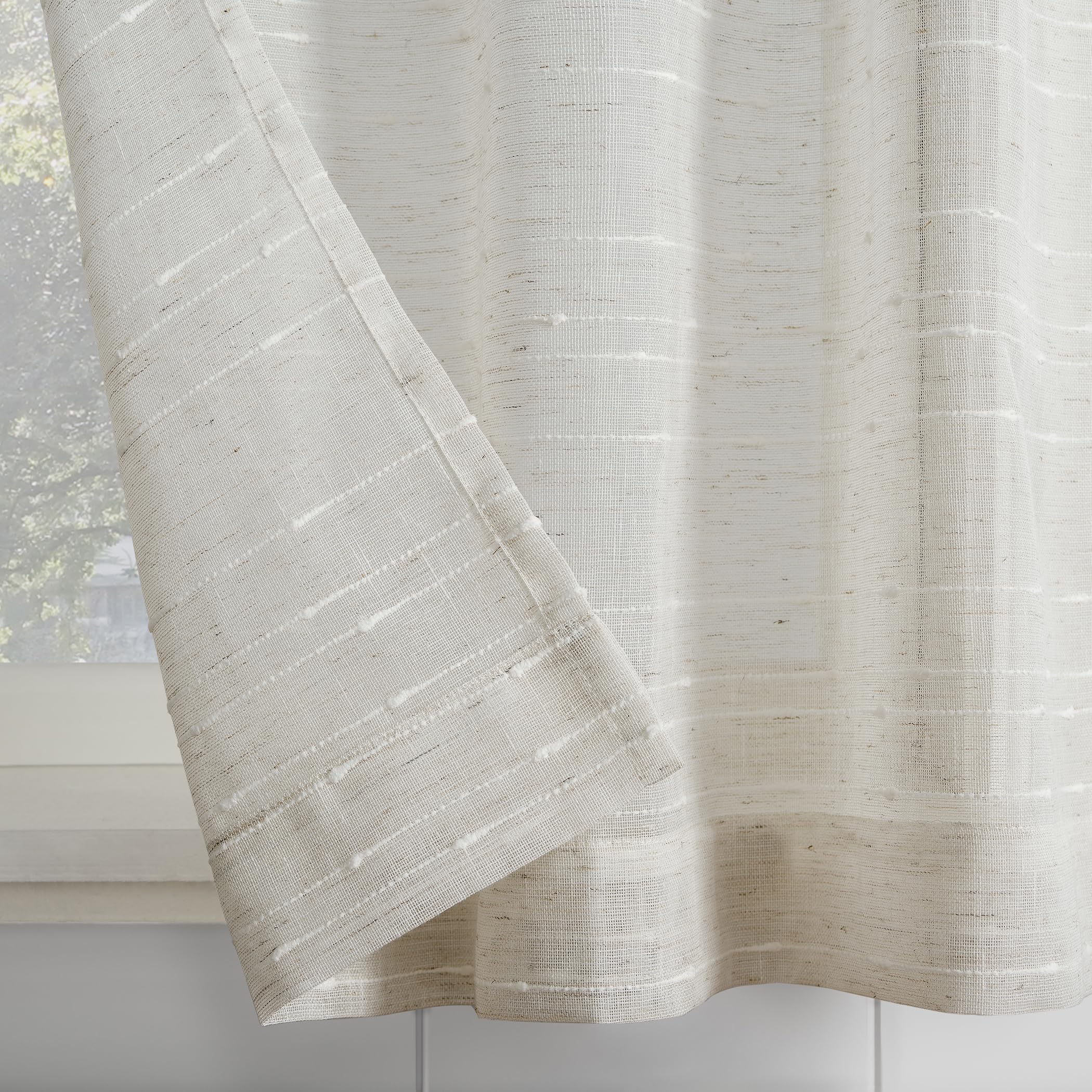 Clean Window Textured Slub Stripe 2-Pack Anti-Dust Allergy/Pet Friendly Sheer Cafe Curtain Pair, Linen, 52" W x 24" L (2 Panels)
