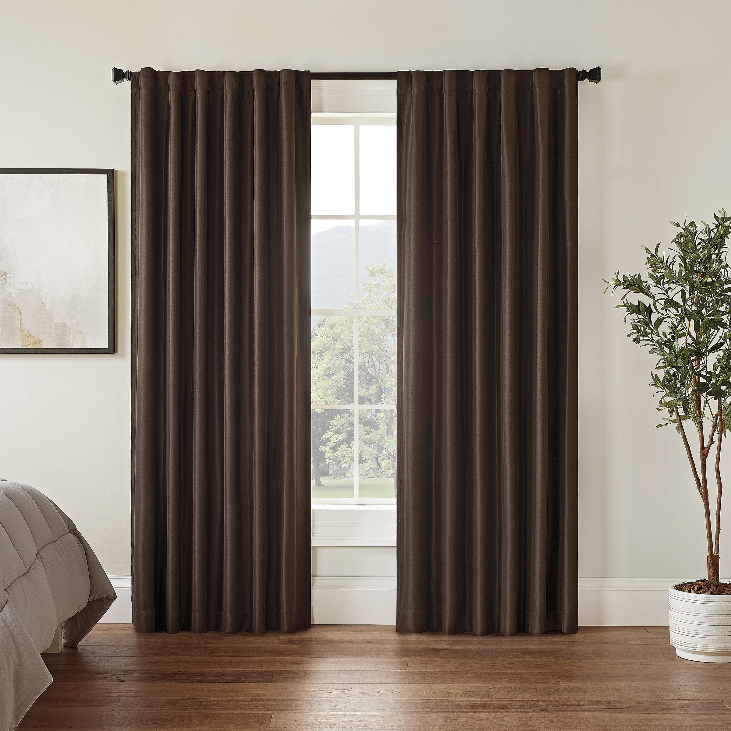 ECLIPSE Fresno Modern Blackout Thermal Rod Pocket Window Curtain for Bedroom (1 Panel), 52" x 84", Espresso