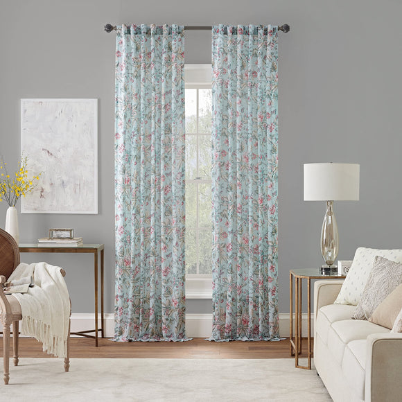 Waverly Porch Pavillion Floral Rod Pocket or Back Tab Sheer Window Curtain for Living Room (1 Panel), 50 in x 84 in, Aqua