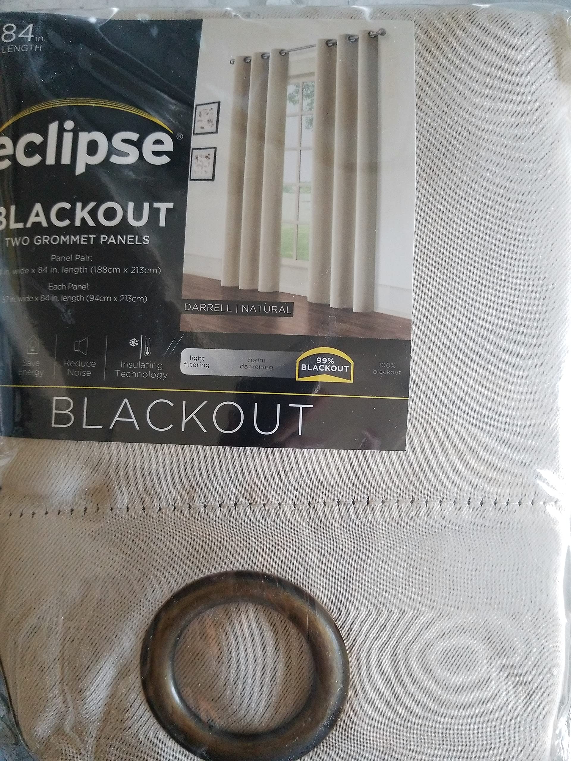 Eclipse Darrell ThermaWeave Natural Solid Polyester 37 in. W x 84 in. L Blackout Pair Grommet Curtain Panel 17523074X084NAT