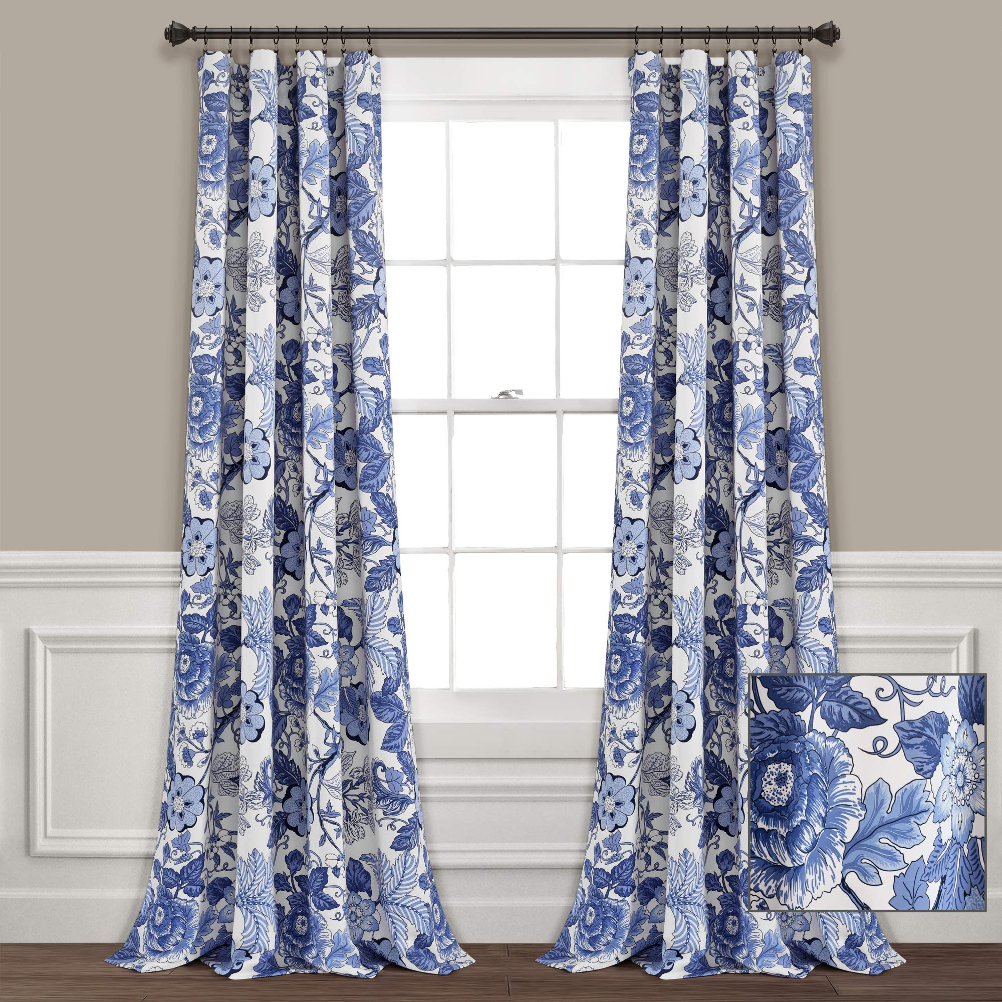 Lush Decor Navy White Sydney Curtains | Floral Garden Room Darkening Window Set for Living, Dining, Bedroom Long x 52” Wide, 84" L Panel Pair