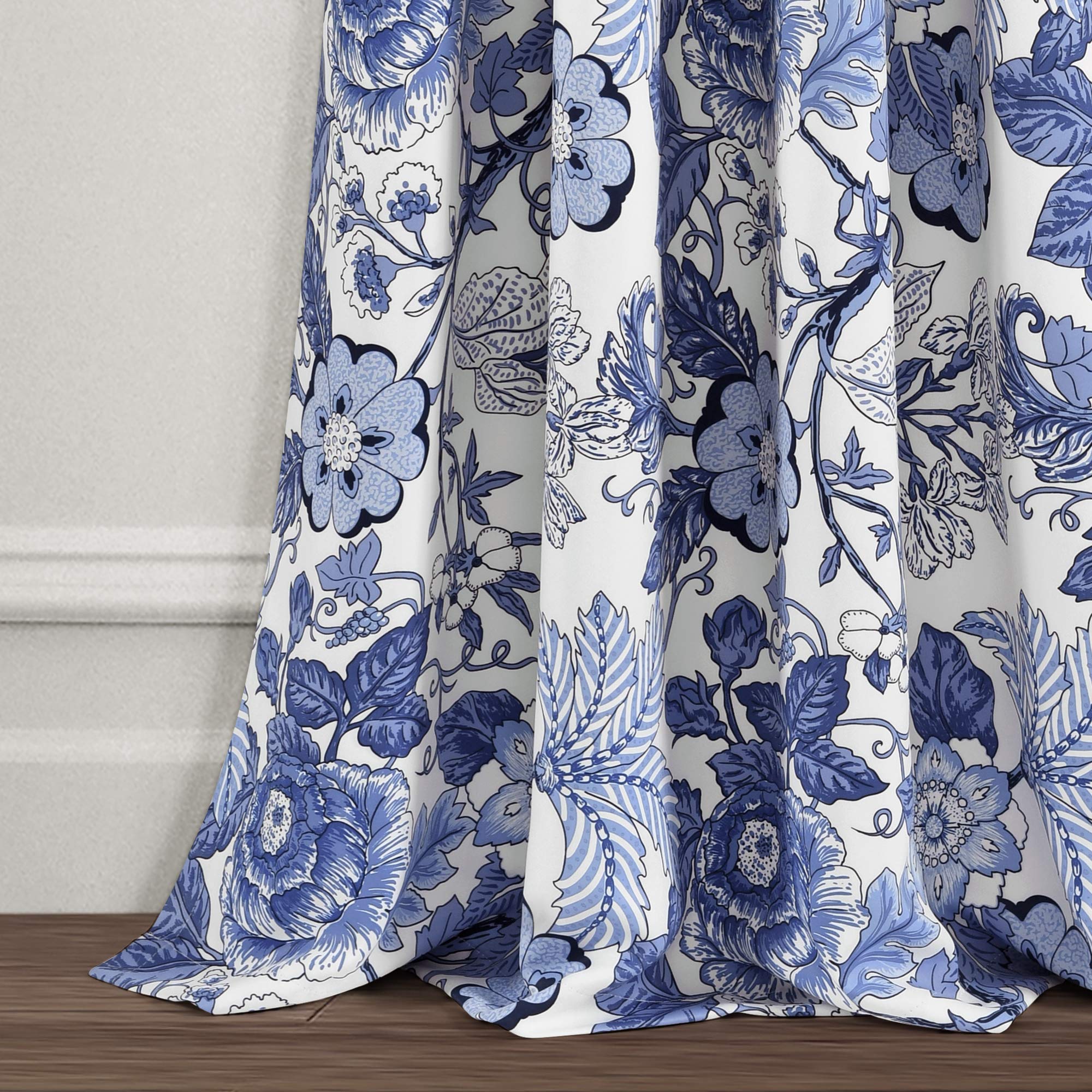 Lush Decor Navy White Sydney Curtains | Floral Garden Room Darkening Window Set for Living, Dining, Bedroom Long x 52” Wide, 84" L Panel Pair
