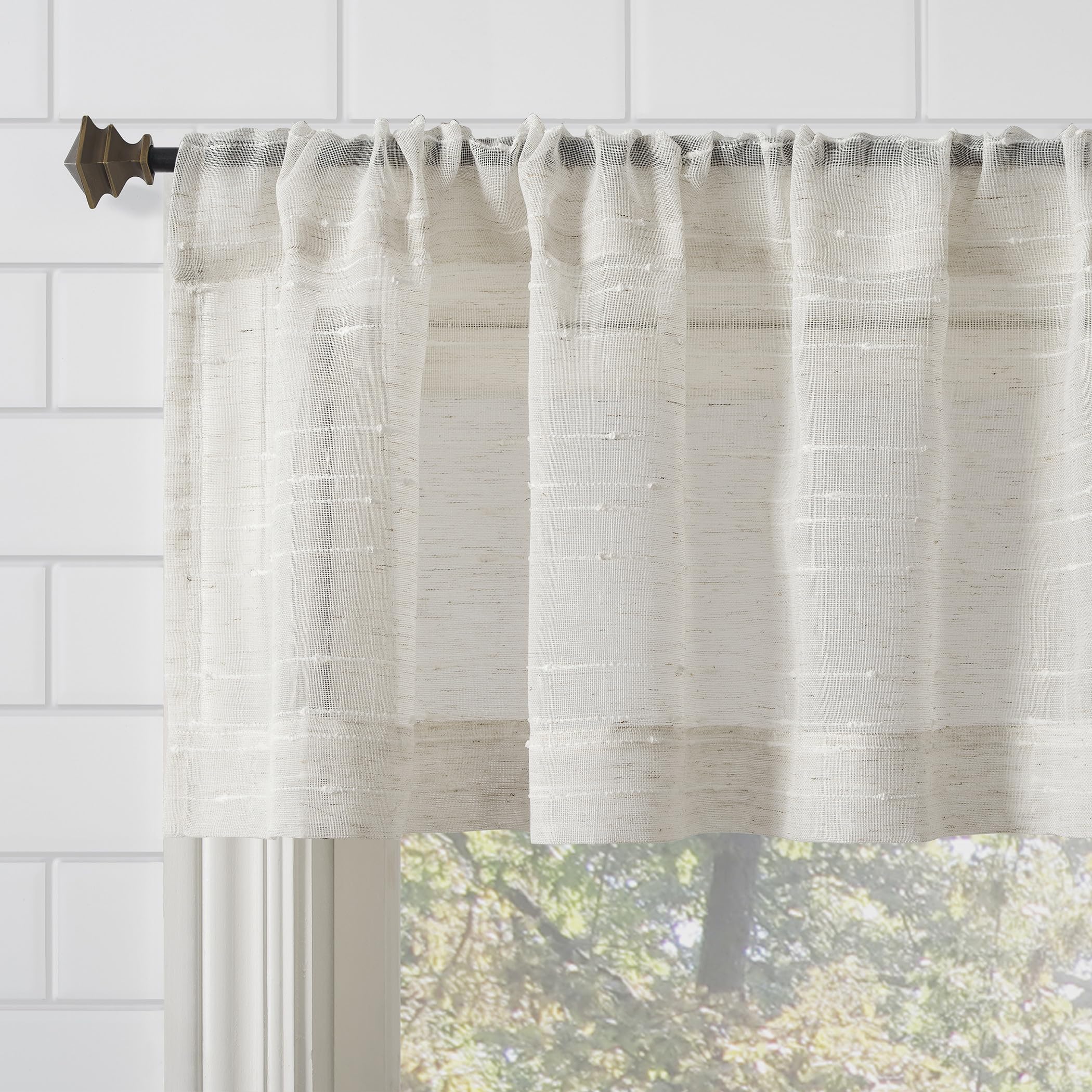 Clean Window Textured Slub Stripe 2-Pack Anti-Dust Allergy/Pet Friendly Sheer Cafe Curtain Pair, Linen, 52" W x 24" L (2 Panels)