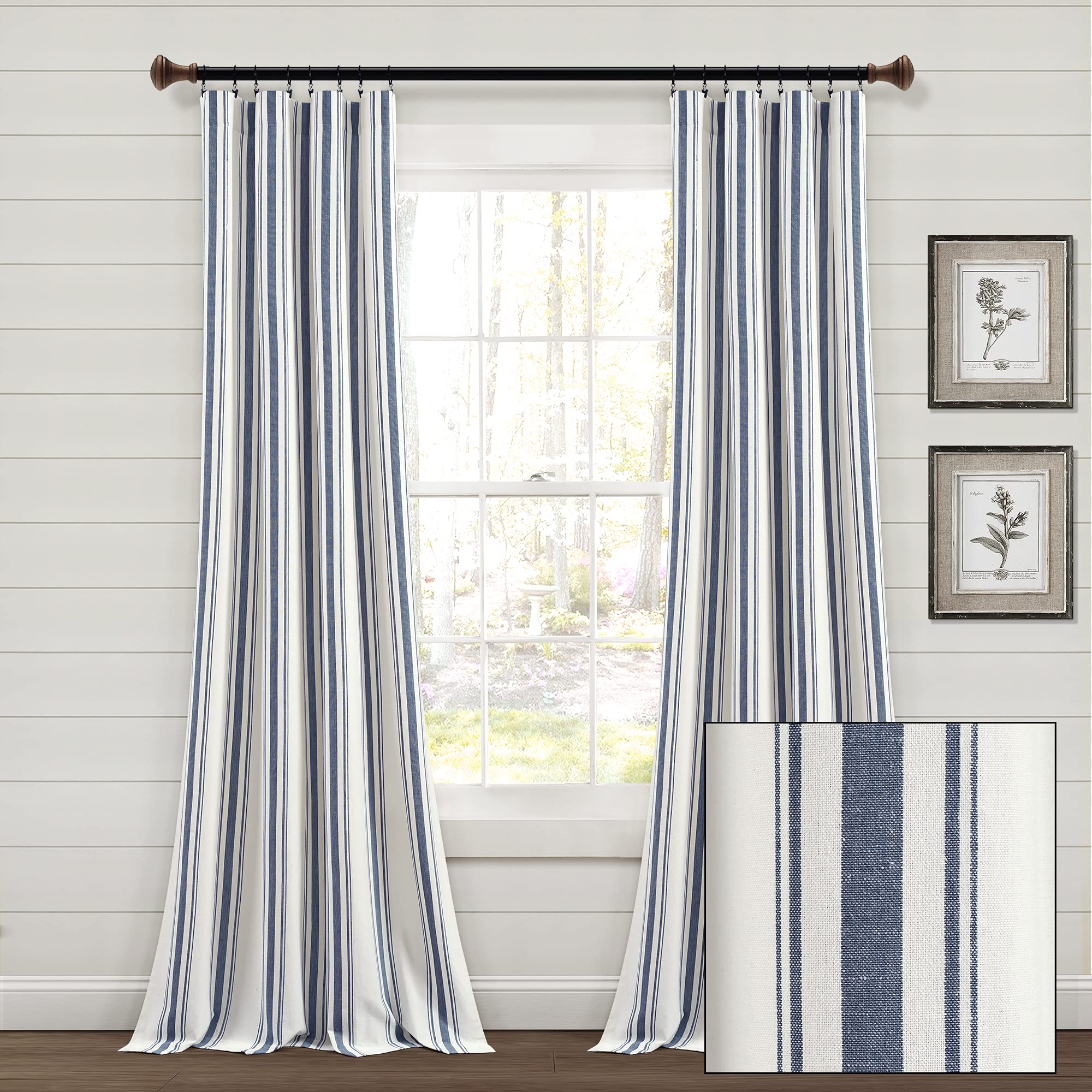Lush Decor Farmhouse Stripe Yarn Dyed Eco-Friendly Recycled Cotton Window Curtain Panel Pair, 42" W x 95" L, Navy - Classic Modern Rustic Charm - Eco Friendly Cotton Fabric