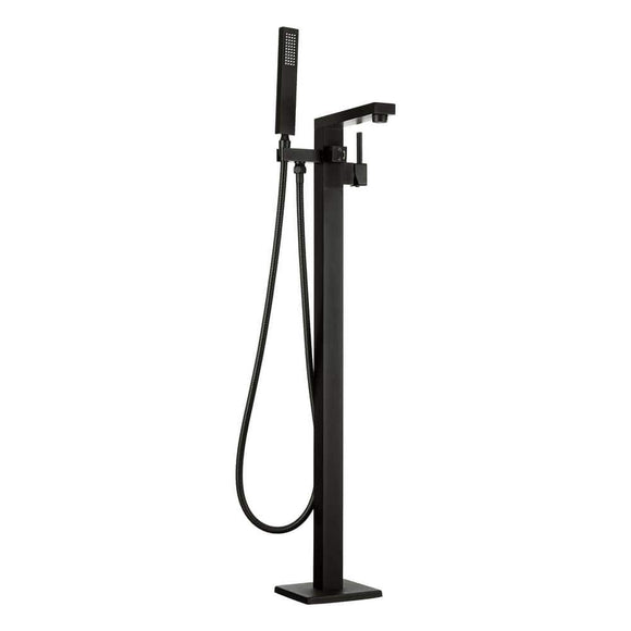 Stand Alone Tub Filler with Floor Mount – Freestanding 35 in Tub Faucet – Single Handle Matt Black Finish Shower – Easy Installation – Modern Minimalist Design – Sturdy and Durable – Includes Diverter