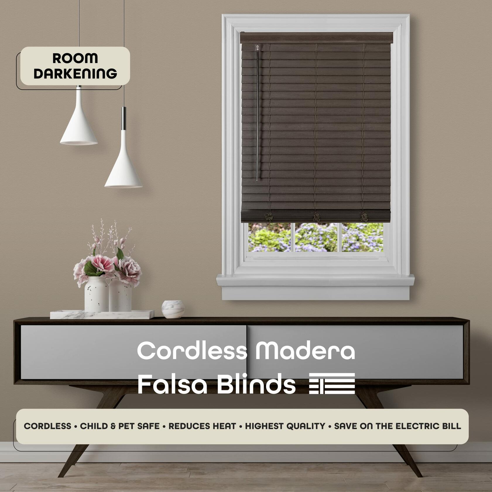 Cordless Room Darkening Plantation Blind - 23 Inch Width, 64 Inch Length, 2" Vinyl Slat Size - Mahogany - GII Madera Falsa Faux Wood, Light Filtering Horizontal Windows Blinds by Achim Home Decor