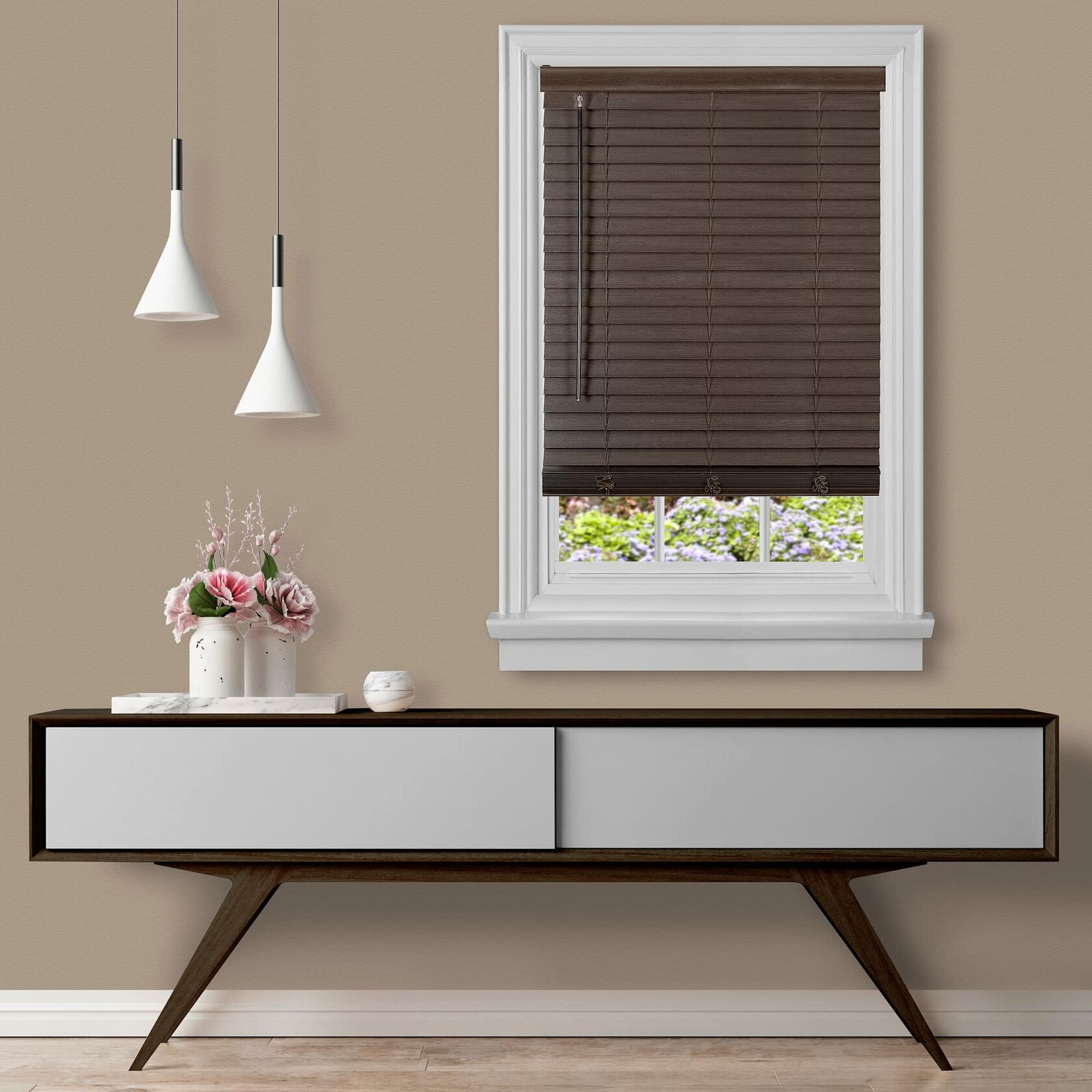 Cordless Room Darkening Plantation Blind - 23 Inch Width, 64 Inch Length, 2" Vinyl Slat Size - Mahogany - GII Madera Falsa Faux Wood, Light Filtering Horizontal Windows Blinds by Achim Home Decor