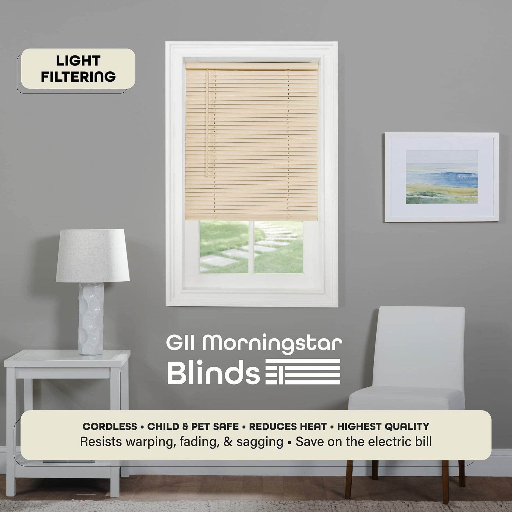Cordless Light Filtering Mini Blind - 36 Inch Width, 48 Inch Length, 1" Slat Size - Alabaster - Cordless GII Morningstar Horizontal Windows Blinds for Interior by Achim Home Decor