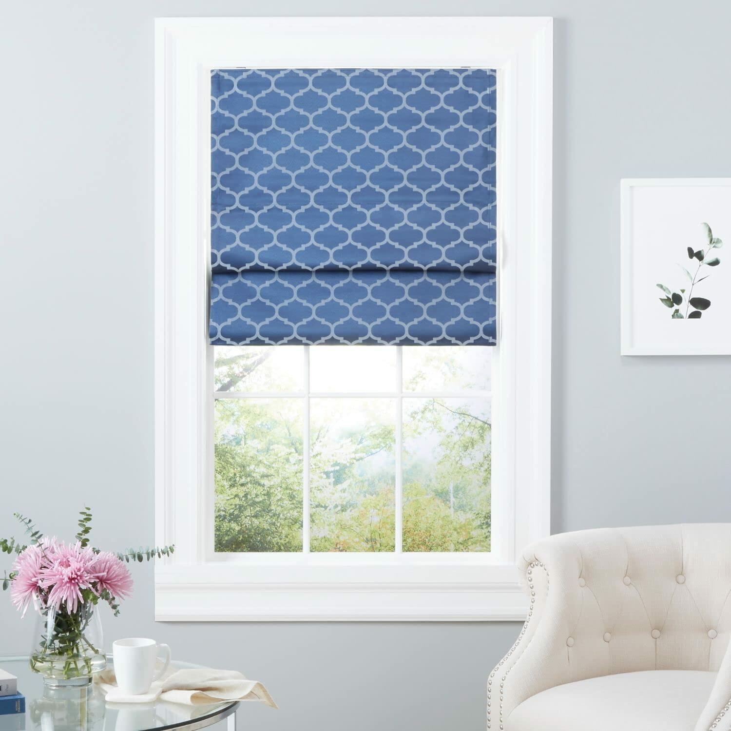 Exclusive Home Montague Trellis Total Blackout Roman Shade, 23"x64", Indigo