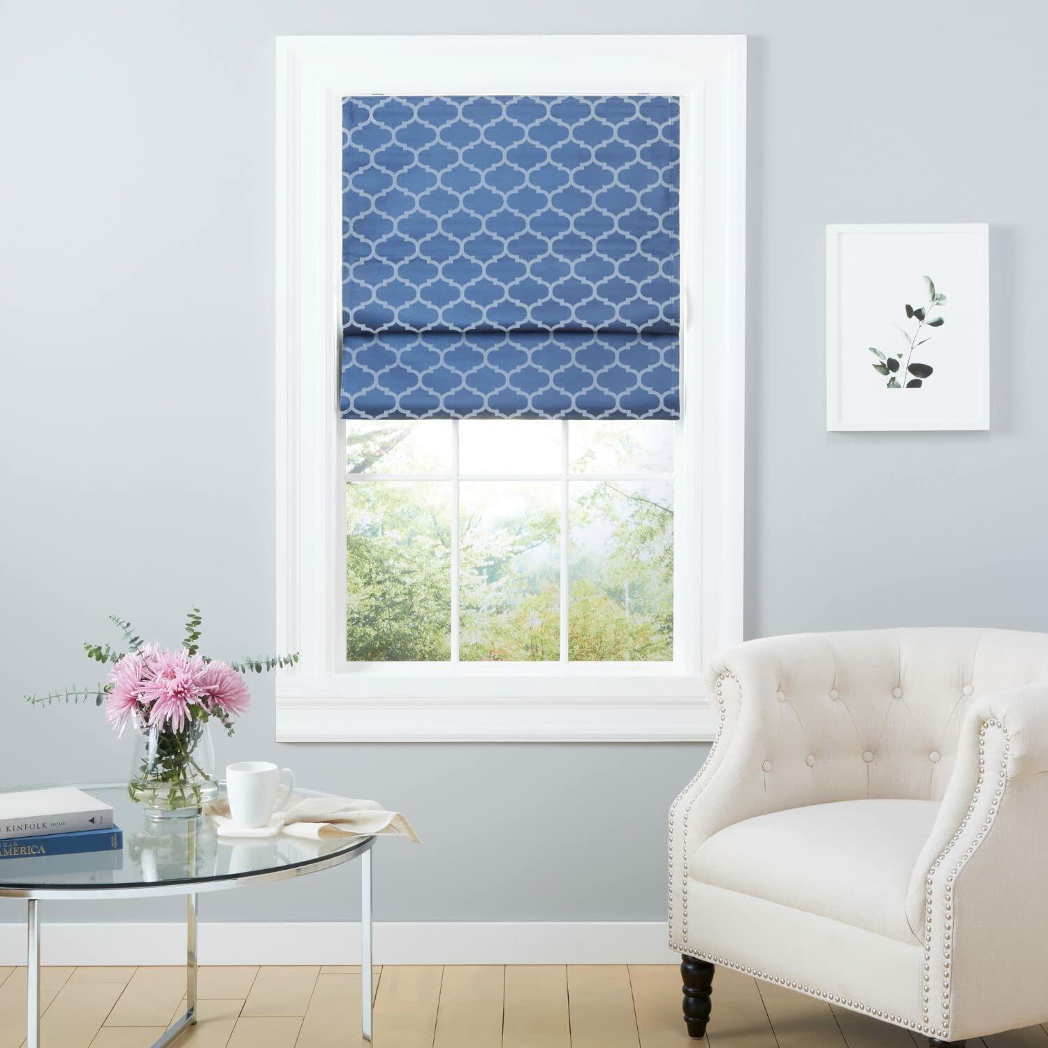 Exclusive Home Montague Trellis Total Blackout Roman Shade, 23"x64", Indigo