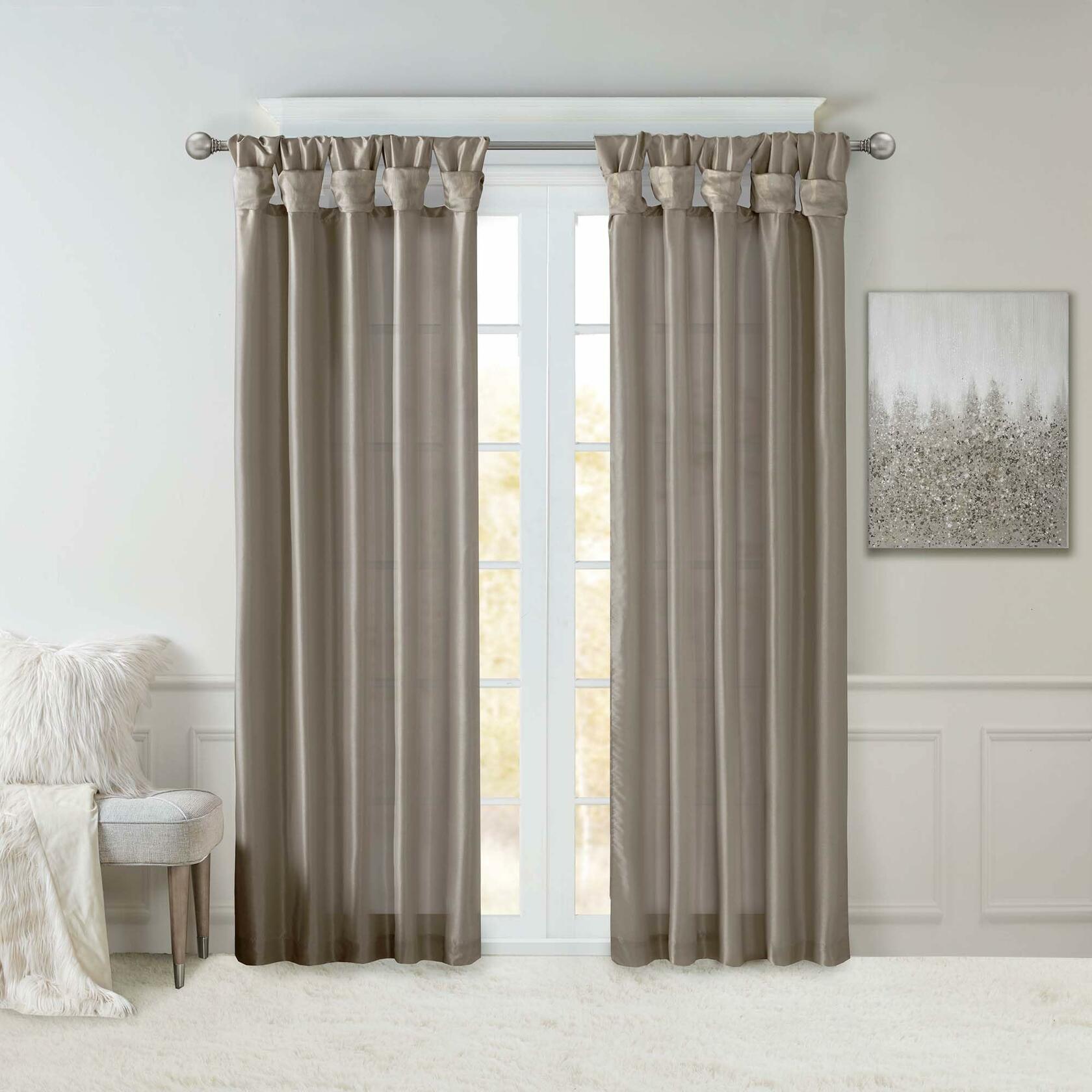 Madison Park Emilia Faux Silk Single Curtain with Privacy Lining, DIY Twist Tab Top, Window Drape for Living Room, Bedroom and Dorm, 95"L x 50"W, Pewter Brown