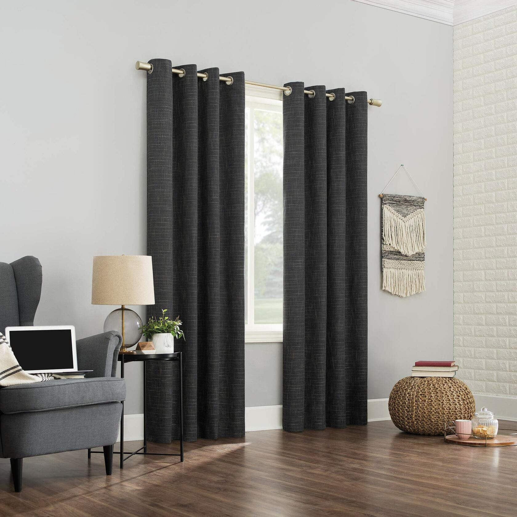 Sun Zero Brooks Burlap Weave Thermal Extreme Total Blackout Grommet Curtain Panel, 52" x 96", Coal