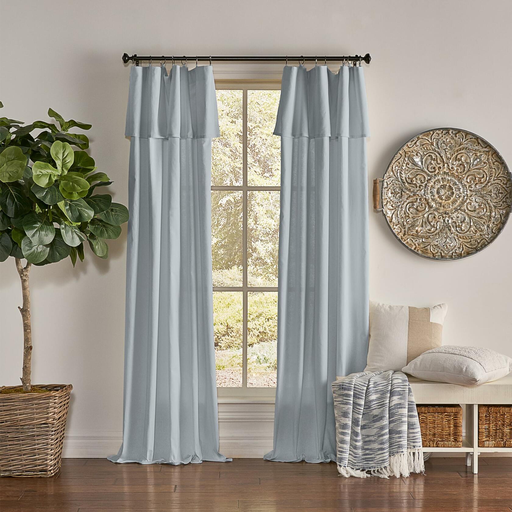 Mercantile Drop Cloth Curtain Panel, Light Filtering Ring & Tab Top with Attached Valance, 84 in Long x 50 in Wide, Farmhouse Single Window Panel, Bedroom, Living Room & Dining Room, Wave Blue