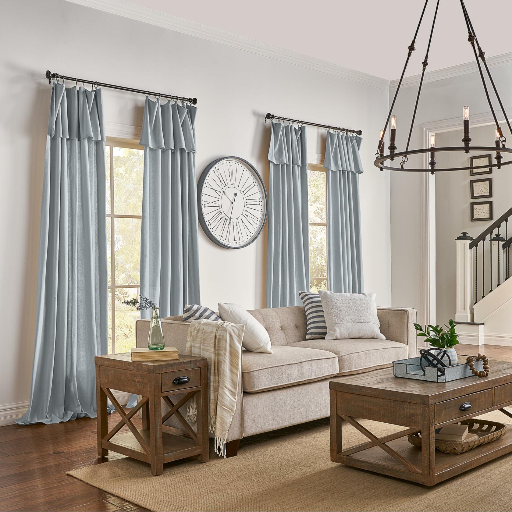 Mercantile Drop Cloth Curtain Panel, Light Filtering Ring & Tab Top with Attached Valance, 84 in Long x 50 in Wide, Farmhouse Single Window Panel, Bedroom, Living Room & Dining Room, Wave Blue