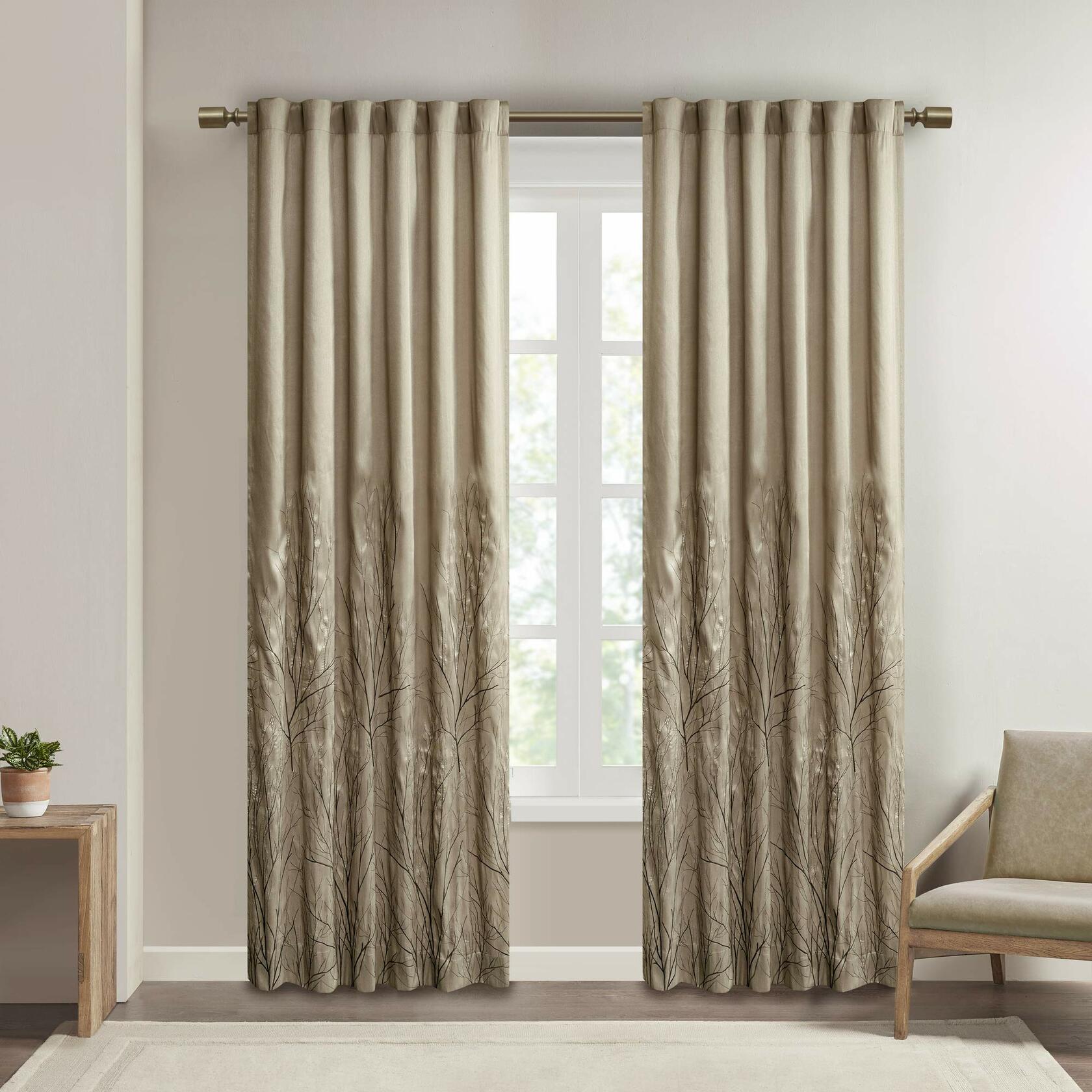 Madison Park Tan Curtains For Living Room , Transitional-Rod Pocket Light Curtains For Bedroom , Andora Embroidered Back Tab Fabric Window Curtains , 50" x 84", 1-Panel Pack