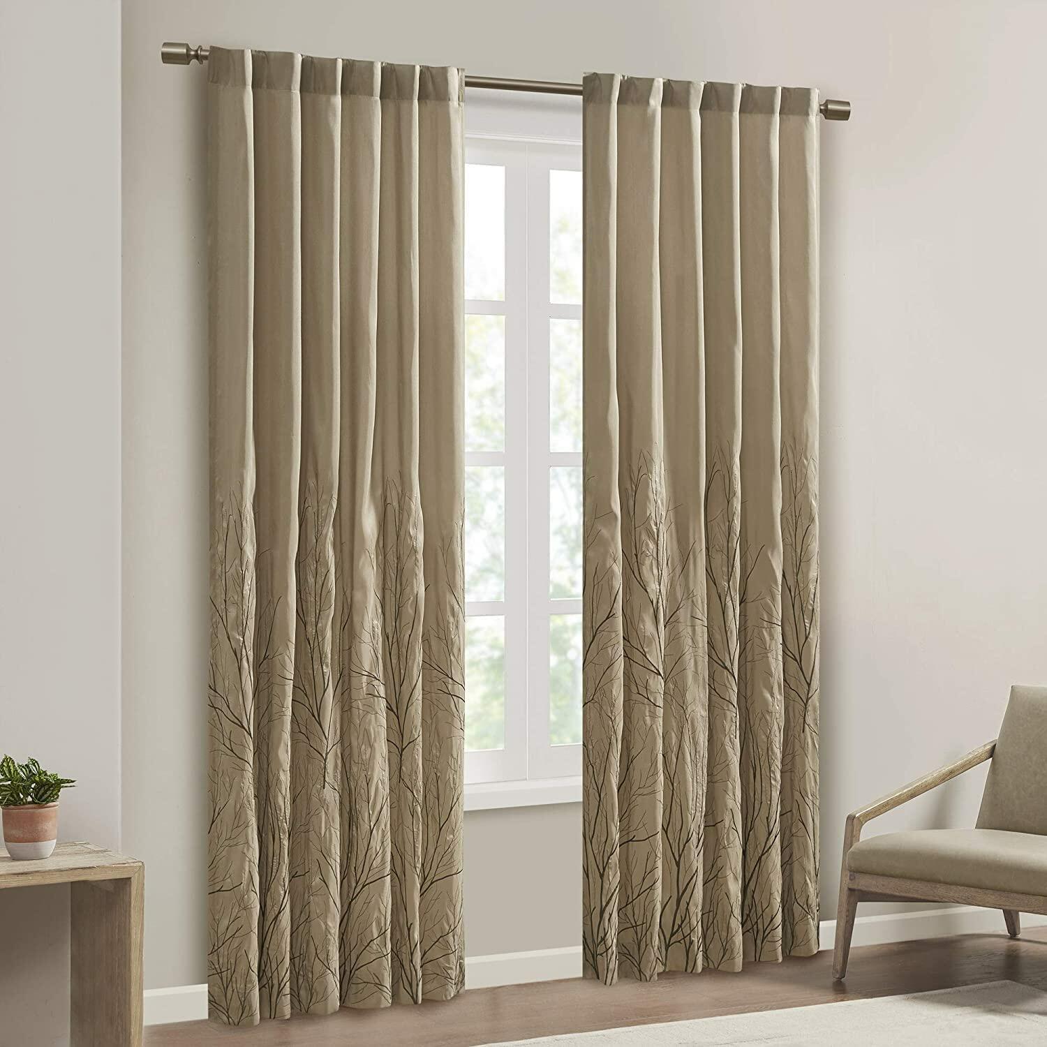 Madison Park Tan Curtains For Living Room , Transitional-Rod Pocket Light Curtains For Bedroom , Andora Embroidered Back Tab Fabric Window Curtains , 50" x 84", 1-Panel Pack