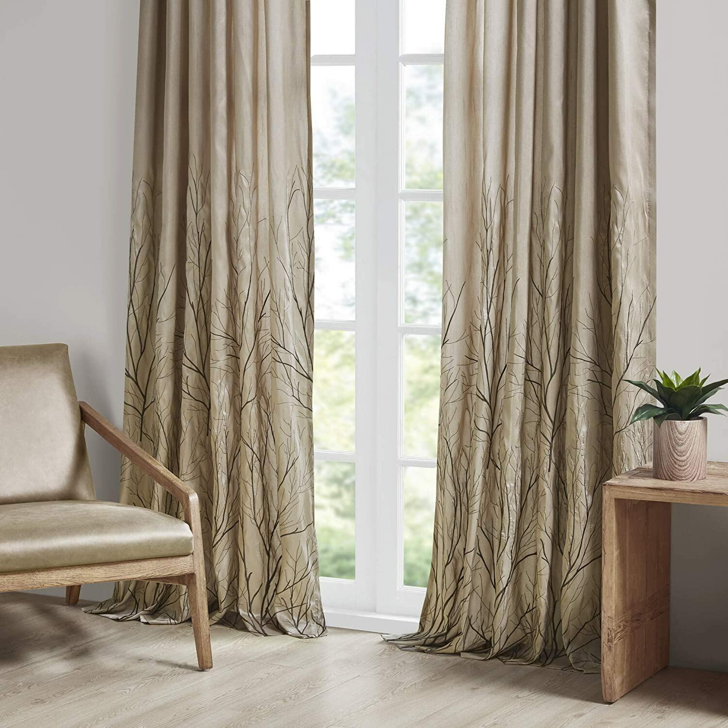 Madison Park Tan Curtains For Living Room , Transitional-Rod Pocket Light Curtains For Bedroom , Andora Embroidered Back Tab Fabric Window Curtains , 50" x 84", 1-Panel Pack