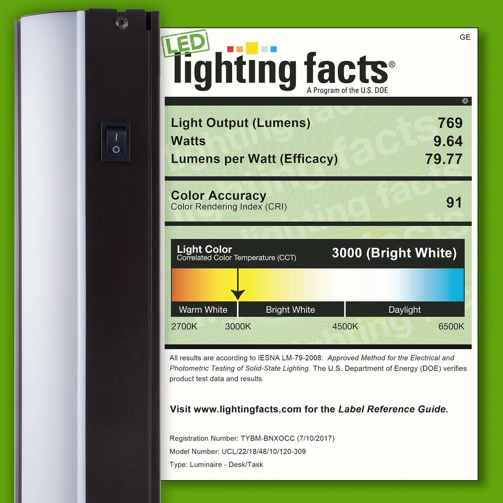 GE 18 Inch LED Premium Under Cabinet Light Fixture, Bronze Finish, Direct Wire, Warm White 3000K, 769 Lumens, Steel Housing, On/Off Switch, Kitchen, Office, Vanity, Display, Garage, Workbench, 38887