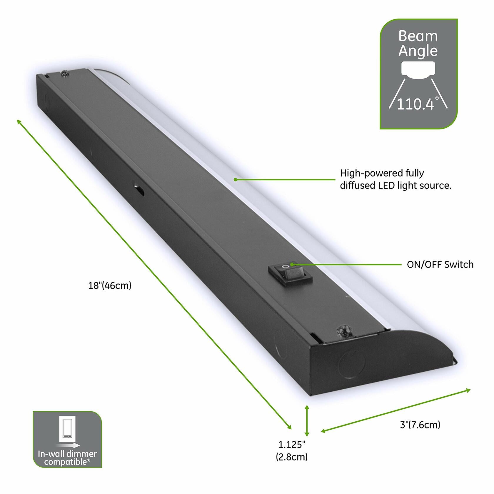 GE 18 Inch LED Premium Under Cabinet Light Fixture, Bronze Finish, Direct Wire, Warm White 3000K, 769 Lumens, Steel Housing, On/Off Switch, Kitchen, Office, Vanity, Display, Garage, Workbench, 38887