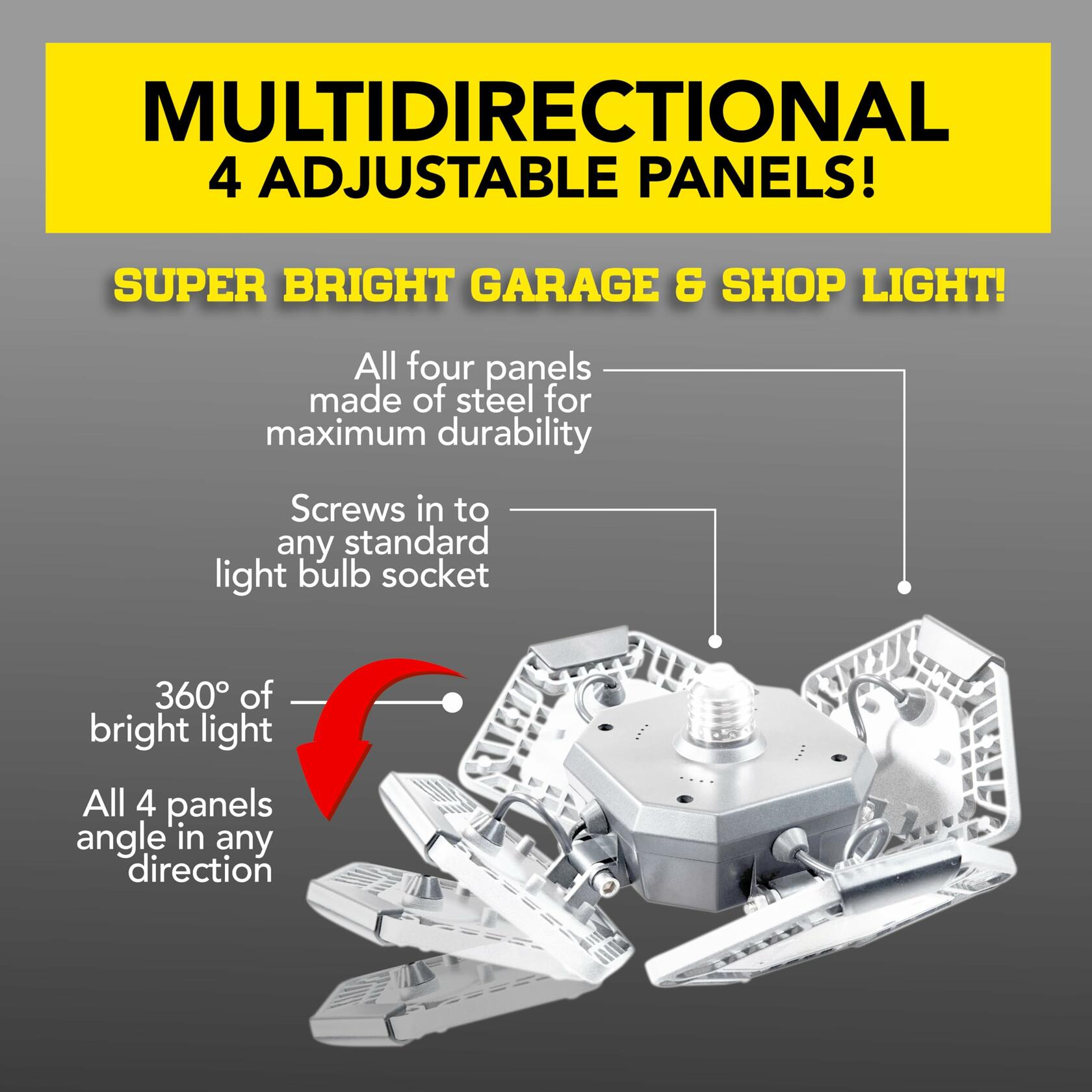 Bell+Howell QUADBURST LED Shop Light 80W 5500 Lumen Heavy-Duty Aluminum - Ultra-Bright Garage Ceiling Light with Deformable Panels, 192 Ultra High-Intensity for Garage, Bedrooms, Living Rooms (White)