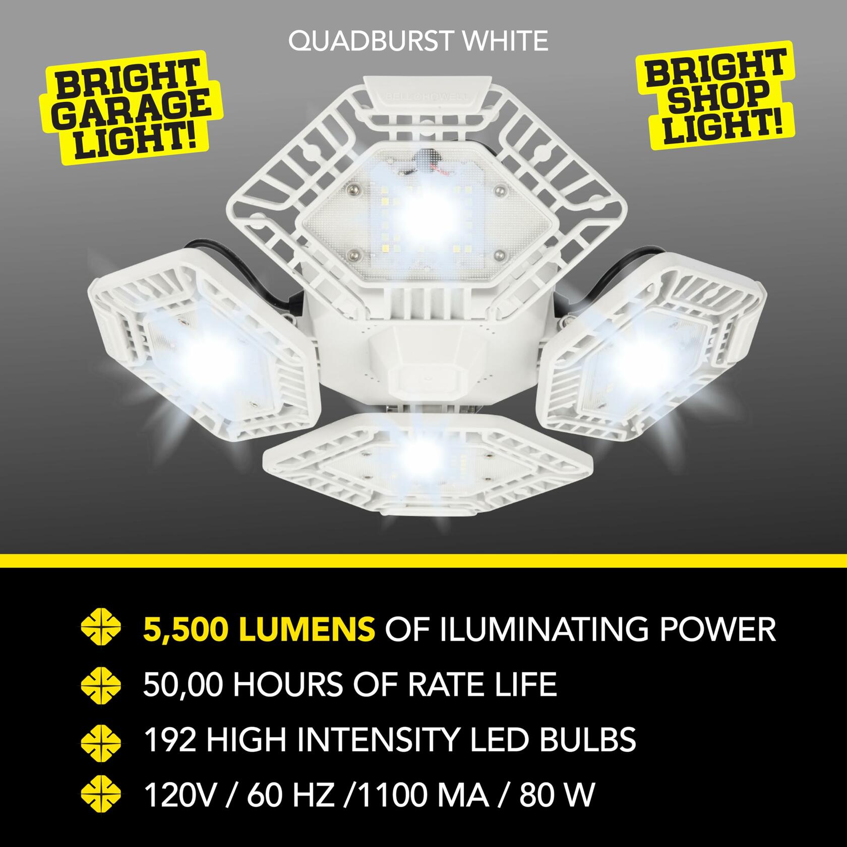 Bell+Howell QUADBURST LED Shop Light 80W 5500 Lumen Heavy-Duty Aluminum - Ultra-Bright Garage Ceiling Light with Deformable Panels, 192 Ultra High-Intensity for Garage, Bedrooms, Living Rooms (White)