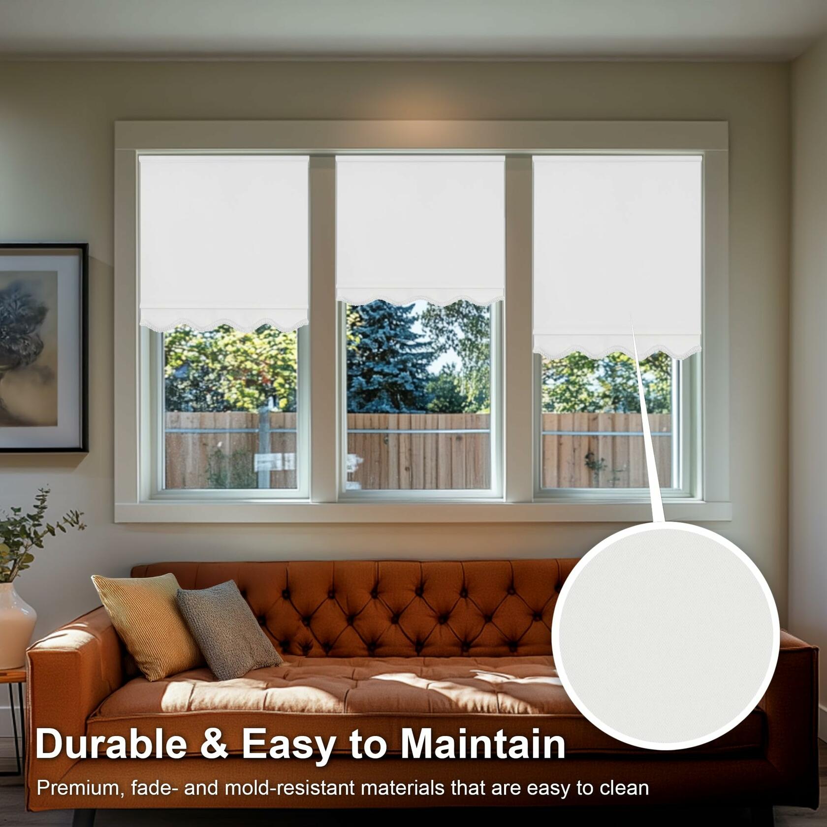 CHICOLOGY Blackout Custom Roller Shades, Cordless Blinds, Window Shades for Home, Roller Window Shades,Window Treatments, Door Blinds, Blackout Shades, White Solid (Fringe), 38.5" W X 64" H