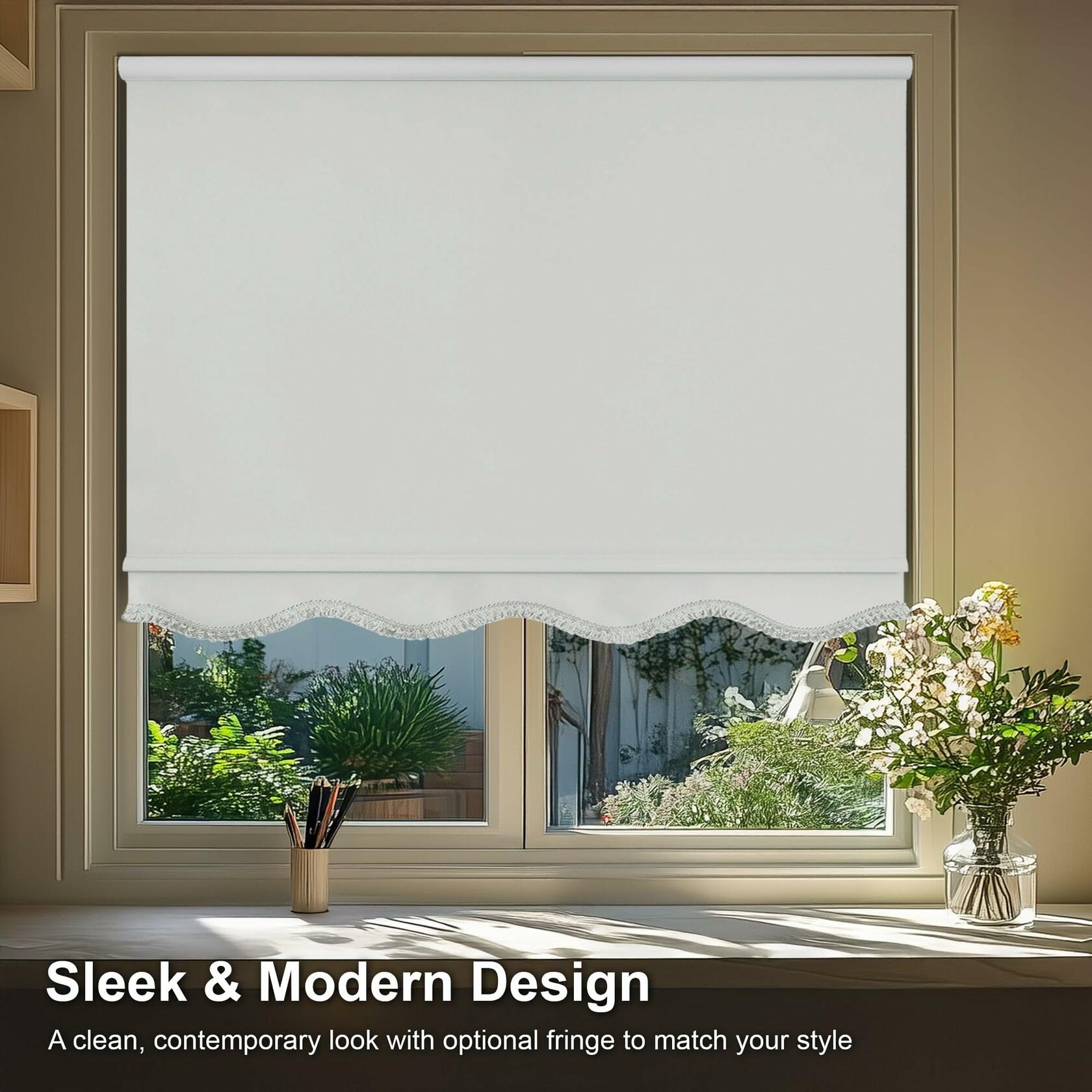 CHICOLOGY Blackout Custom Roller Shades, Cordless Blinds, Window Shades for Home, Roller Window Shades,Window Treatments, Door Blinds, Blackout Shades, White Solid (Fringe), 38.5" W X 64" H