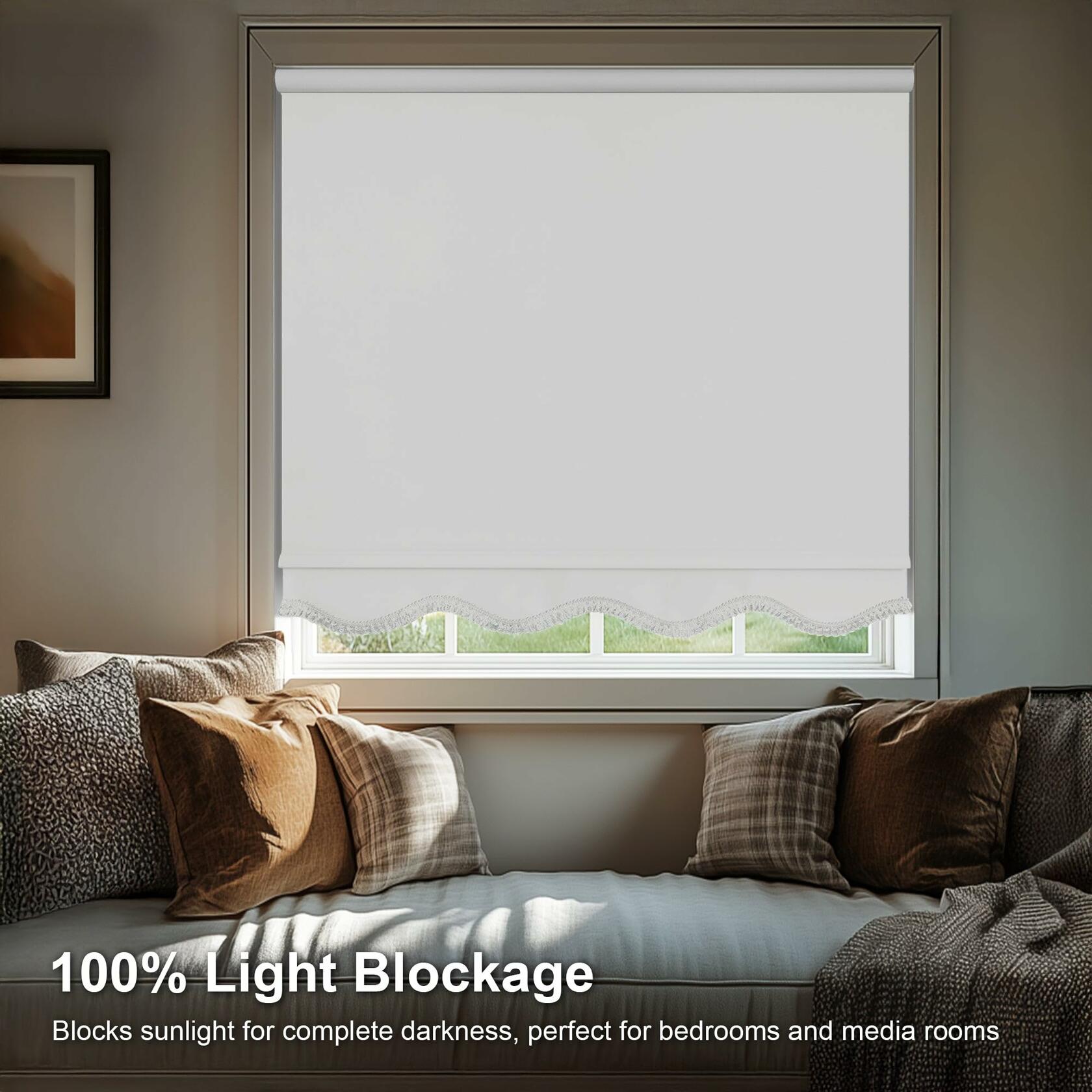 CHICOLOGY Blackout Custom Roller Shades, Cordless Blinds, Window Shades for Home, Roller Window Shades,Window Treatments, Door Blinds, Blackout Shades, White Solid (Fringe), 38.5" W X 64" H