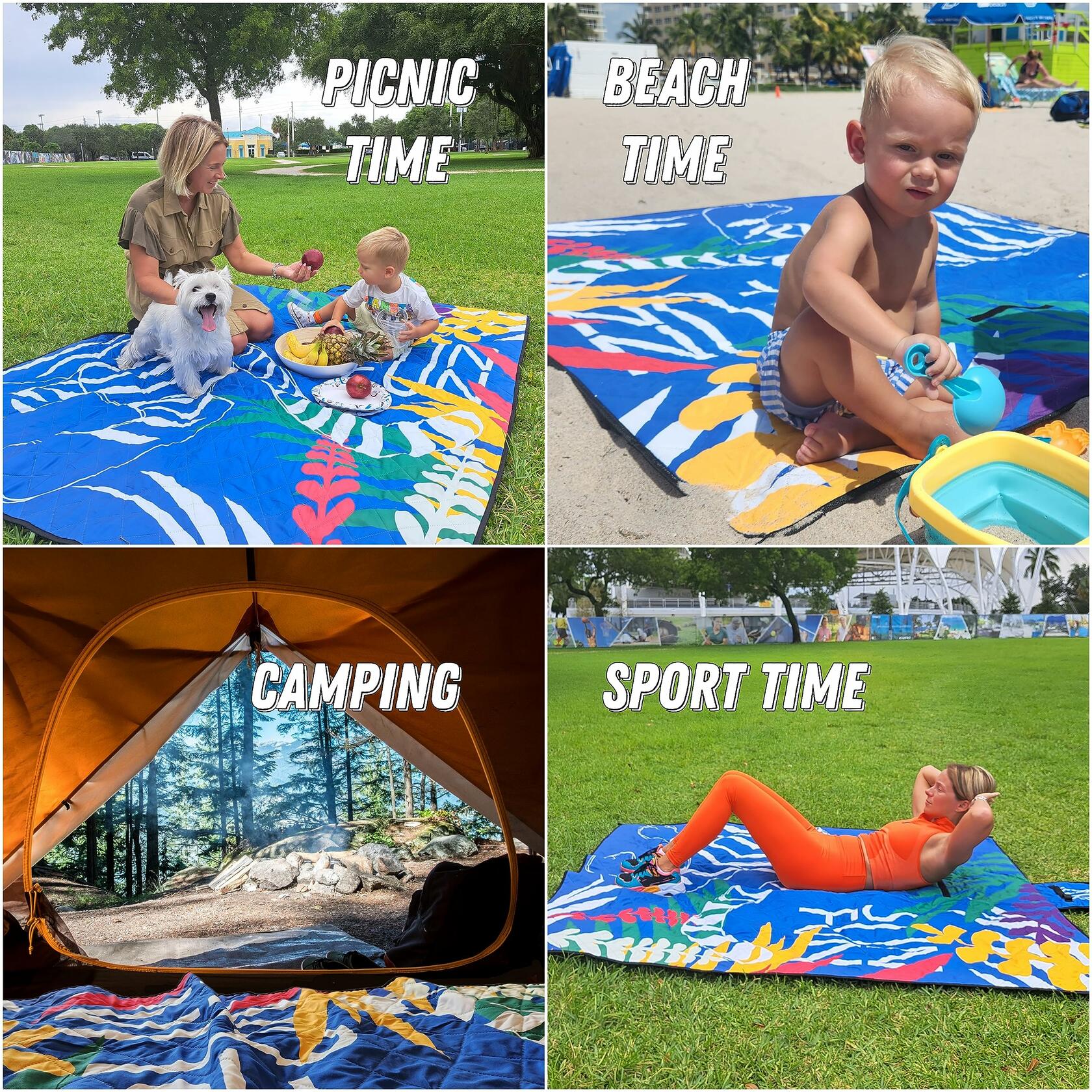 SUNFUN Beach Blanket Picnic Mat Sandproof Waterproof Foldable, Soft Touch as Cotton, Outdoor Activity, Backpack Included Anchored with 4 Plastic Stakes, Blue Tiger in Jungle