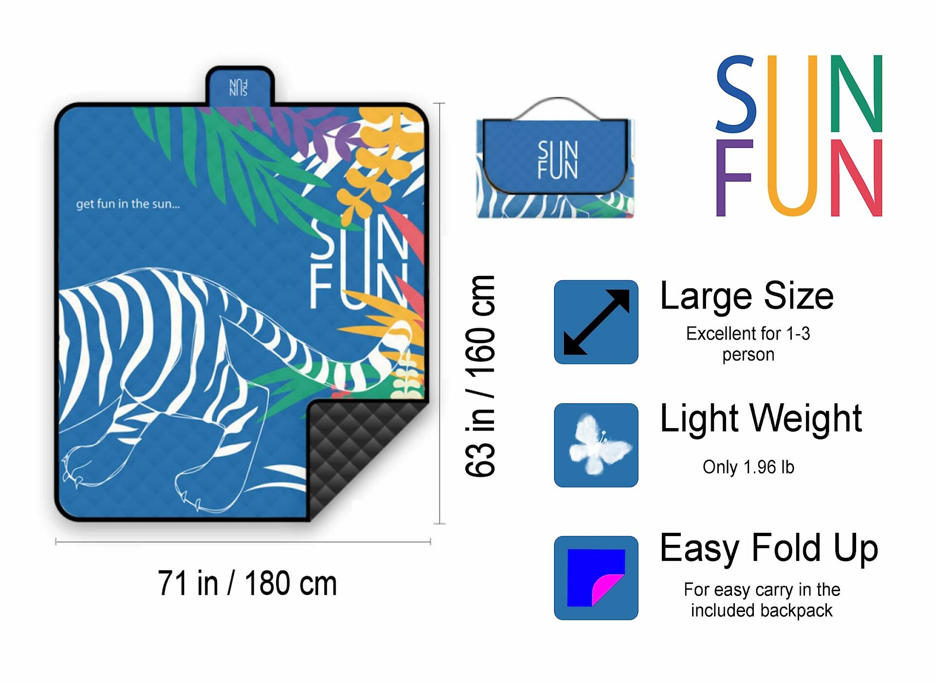 SUNFUN Beach Blanket Picnic Mat Sandproof Waterproof Foldable, Soft Touch as Cotton, Outdoor Activity, Backpack Included Anchored with 4 Plastic Stakes, Blue Tiger in Jungle