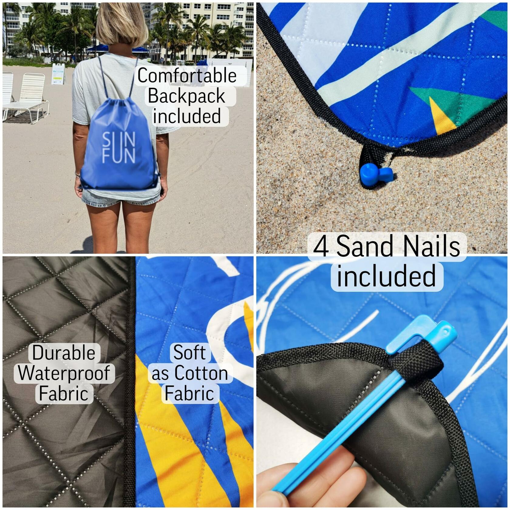 SUNFUN Beach Blanket Picnic Mat Sandproof Waterproof Foldable, Soft Touch as Cotton, Outdoor Activity, Backpack Included Anchored with 4 Plastic Stakes, Blue Tiger in Jungle