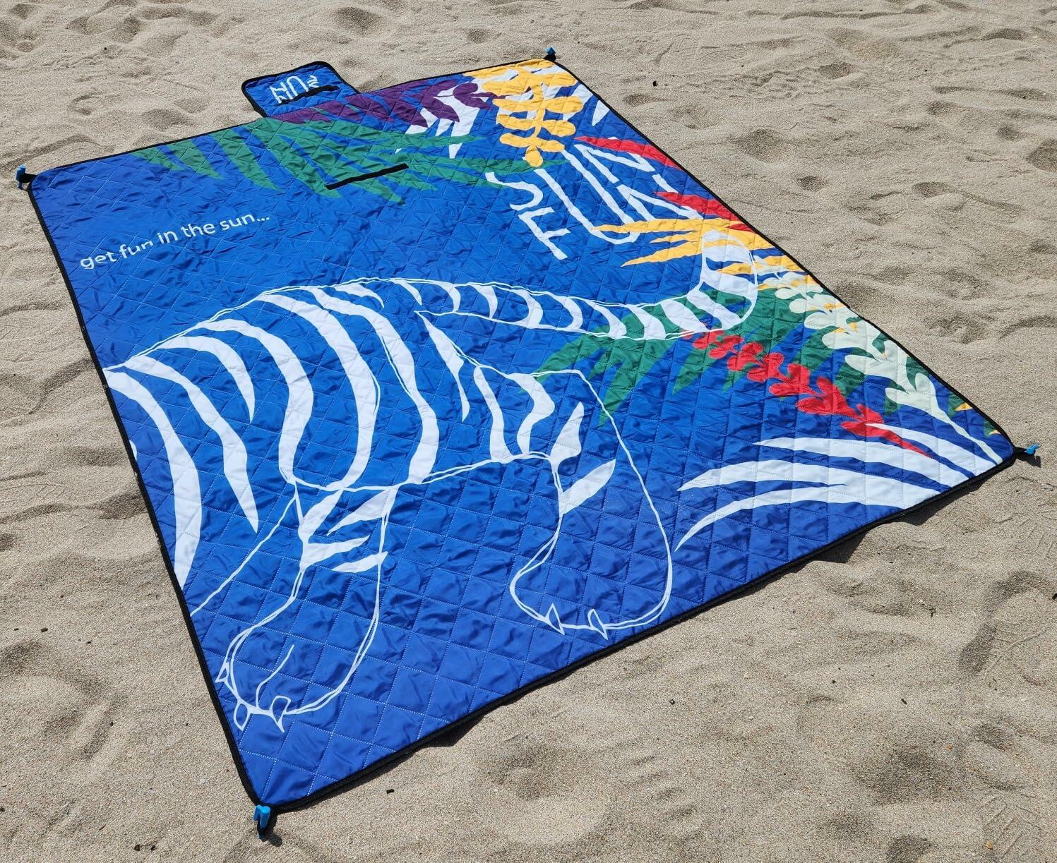 SUNFUN Beach Blanket Picnic Mat Sandproof Waterproof Foldable, Soft Touch as Cotton, Outdoor Activity, Backpack Included Anchored with 4 Plastic Stakes, Blue Tiger in Jungle