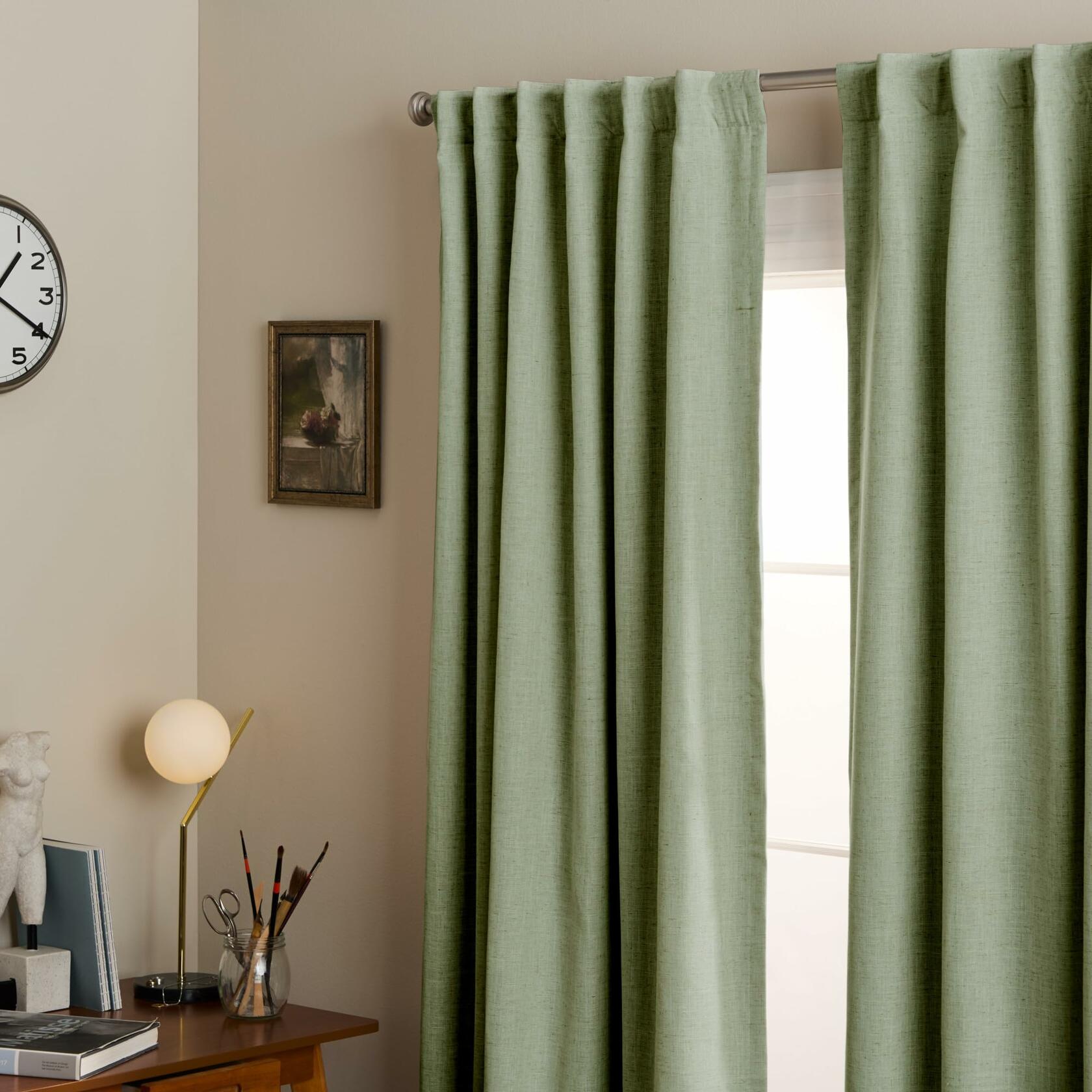 TOWN & COUNTRY LUXE Davos Solid Linen Texture Indoor Curtains, 100% Blackout with Energy Efficient Lining, Back Tab/Rod Pocket Top, 2-Pack Set, Sage Green, 50"x108"