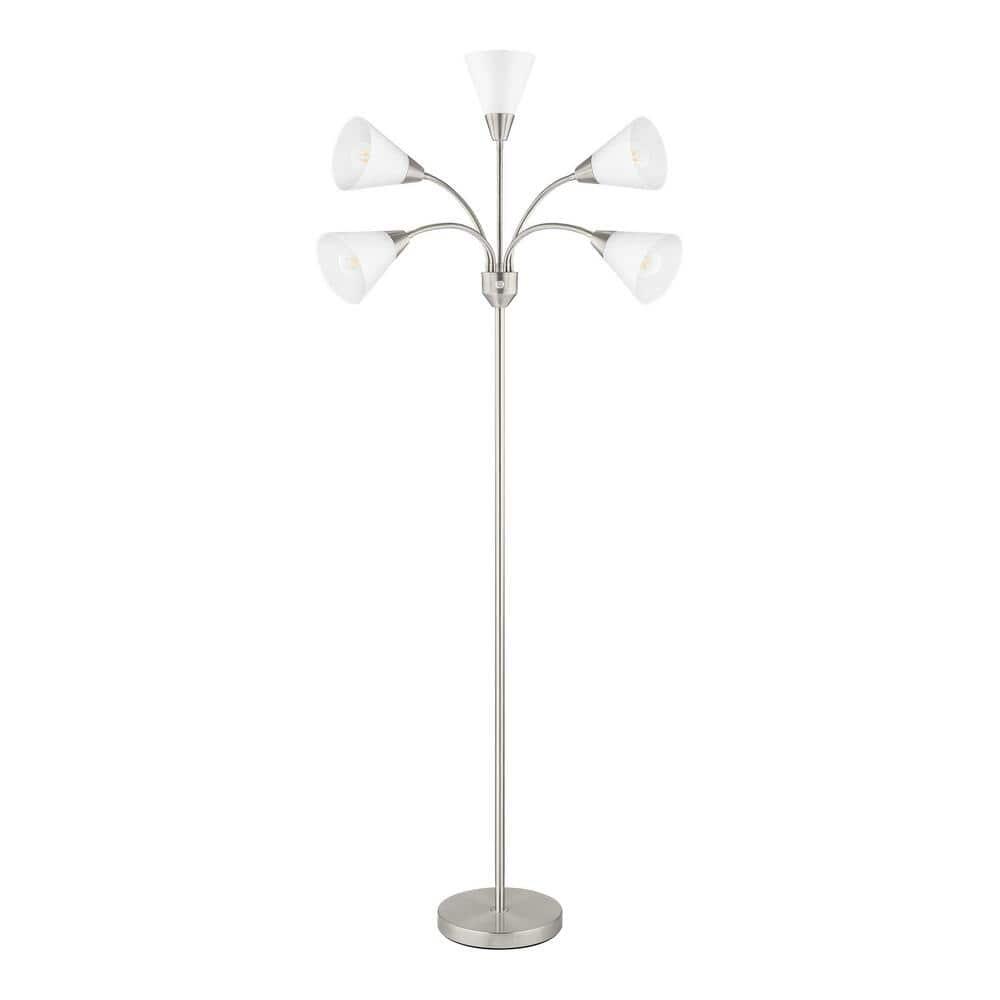 67 in. 5-Light Brushed Nickel Gooseneck Floor Lamp with White Acrylic Shades