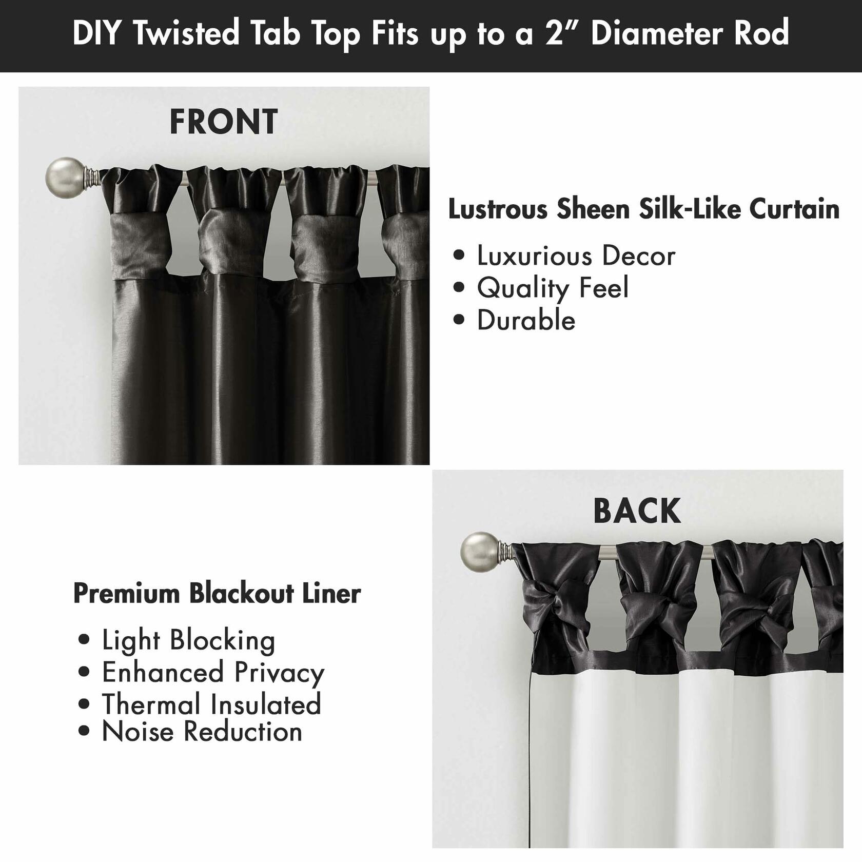 Madison Park Emilia Faux Silk Single Curtain with Privacy Lining, DIY Twist Tab Top, Room Darkening Window Drape for Living Room, Bedroom and Dorm, 108" L x 50" W, Black