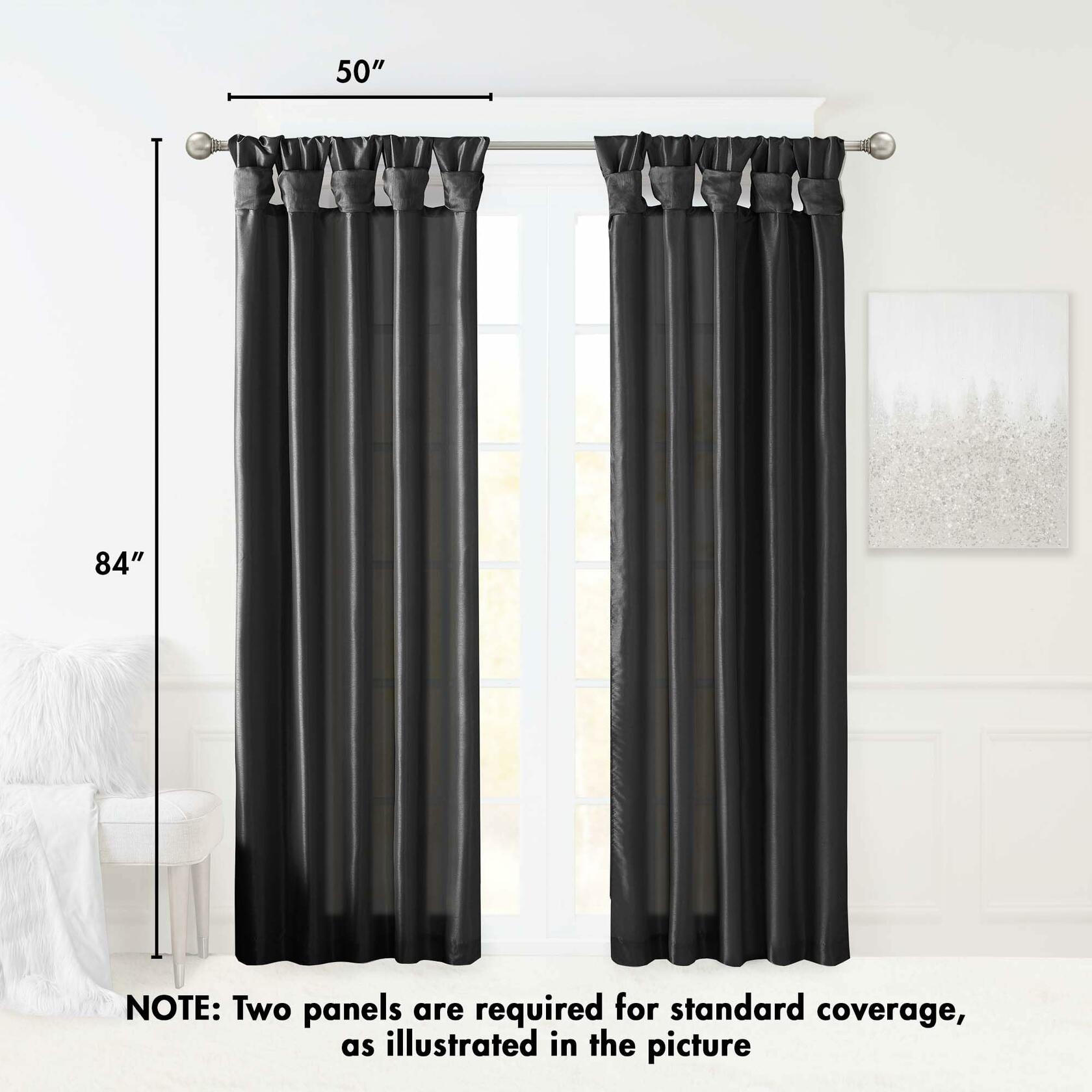 Madison Park Emilia Faux Silk Single Curtain with Privacy Lining, DIY Twist Tab Top, Room Darkening Window Drape for Living Room, Bedroom and Dorm, 108" L x 50" W, Black