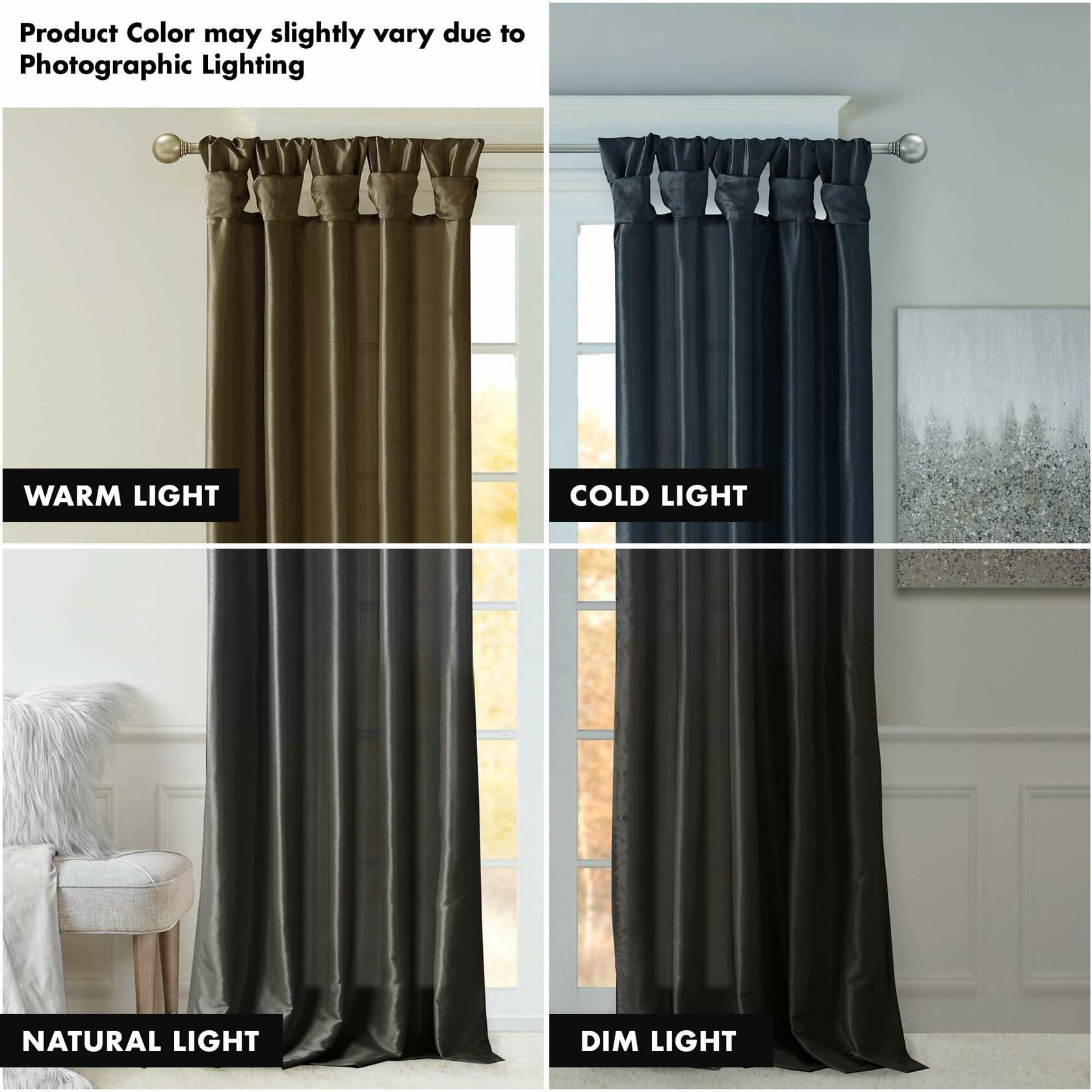 Madison Park Emilia Faux Silk Single Curtain with Privacy Lining, DIY Twist Tab Top, Room Darkening Window Drape for Living Room, Bedroom and Dorm, 108" L x 50" W, Black