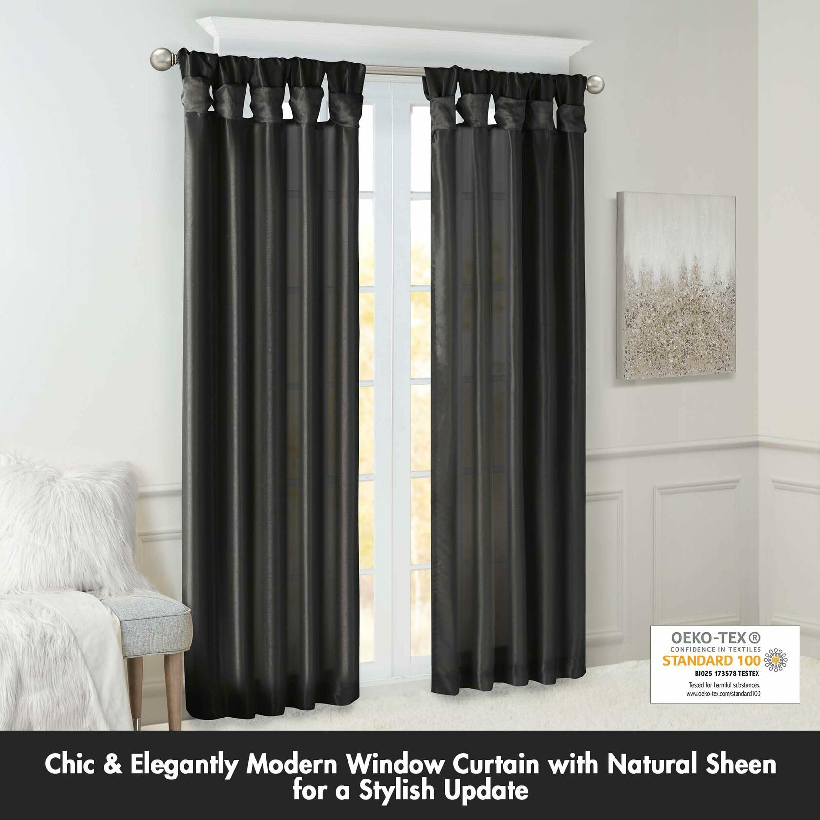 Madison Park Emilia Faux Silk Single Curtain with Privacy Lining, DIY Twist Tab Top, Room Darkening Window Drape for Living Room, Bedroom and Dorm, 108" L x 50" W, Black
