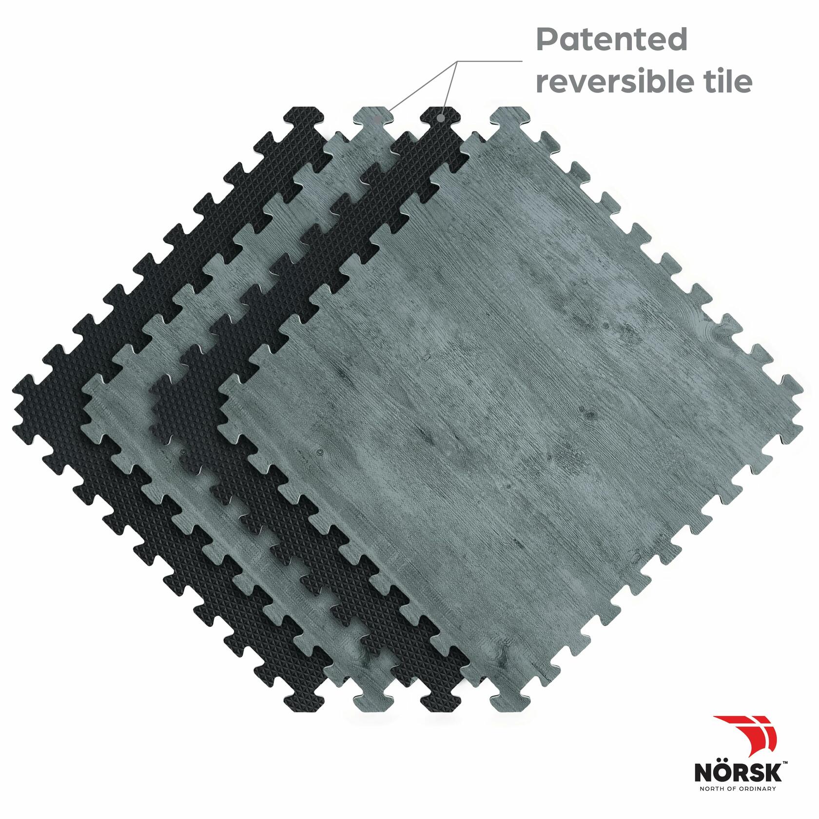 Décor by NÖRSK Reversible Interlocking Faux Wood Foam Floor Tiles, 24 X 24 X .47", 4-Pack, 16 Square Feet, Driftwood/Black