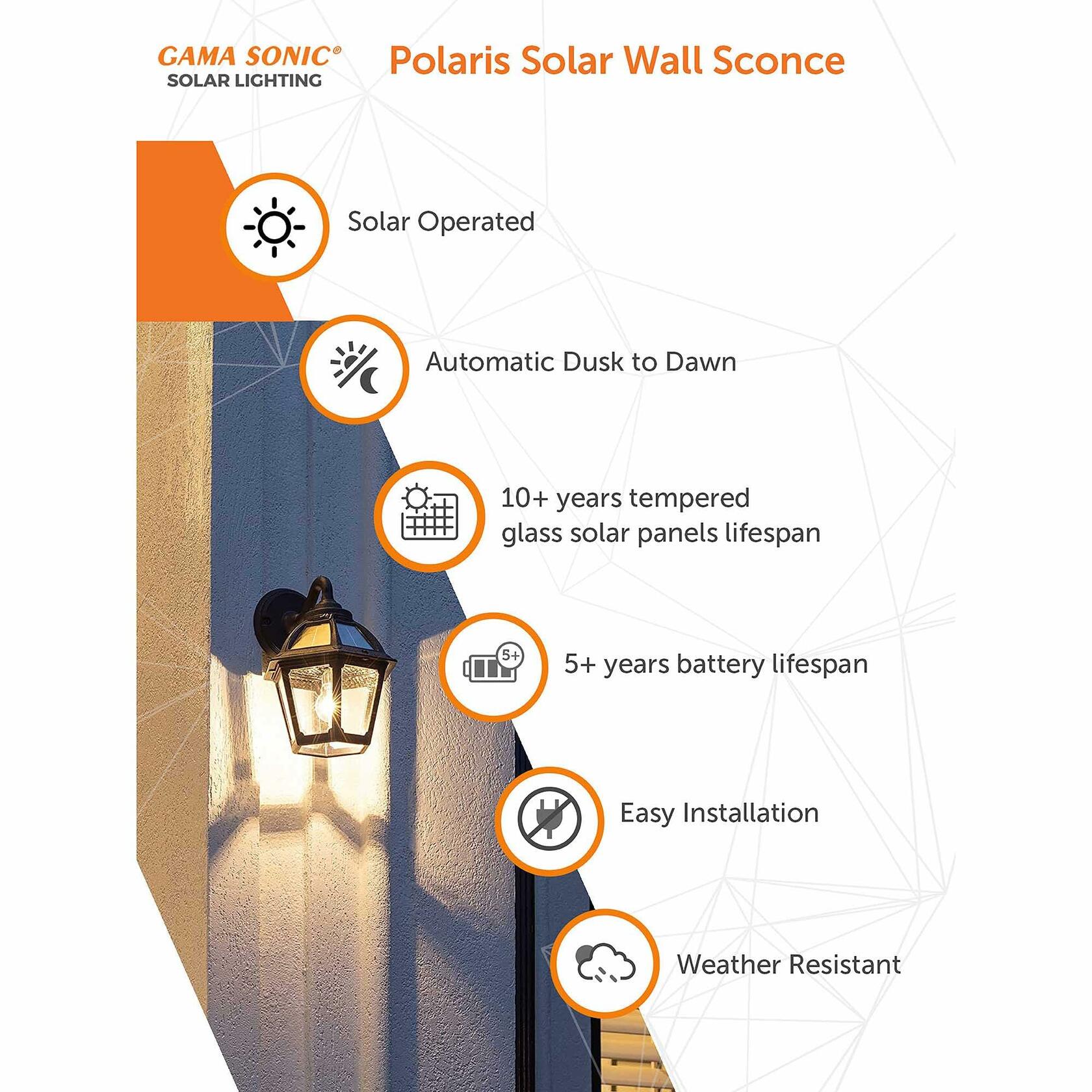 Gama Sonic Polaris Solar Wall Sconce Light, Outdoor Warm White LED Exterior