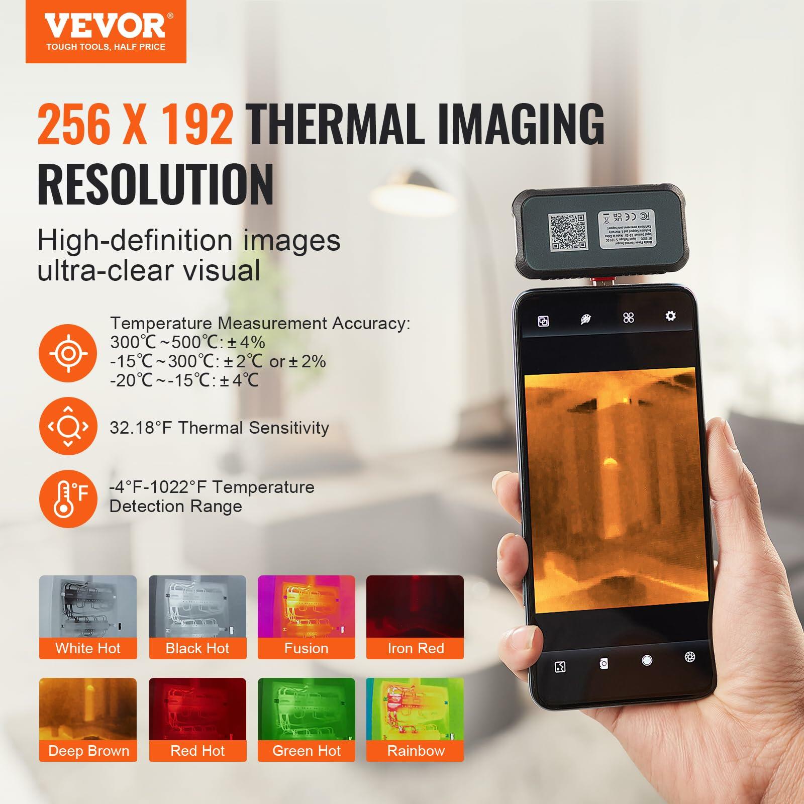 VEVOR Thermal Imaging Camera, 240x180 IR Resolution (43200 Pixels), 20Hz Refresh Rate Infrared Camera with -4℉~662℉ Temperature Range, 16G Built-in SD Card, and Rechargeable Li-ion Battery