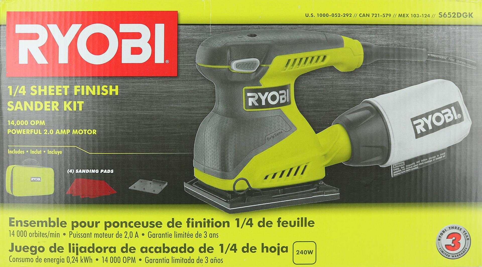 Ryobi S652DGK Corded 2 Amp 1/4 Inch 14,000 OBM Squared Orbital Finishing Sheet
