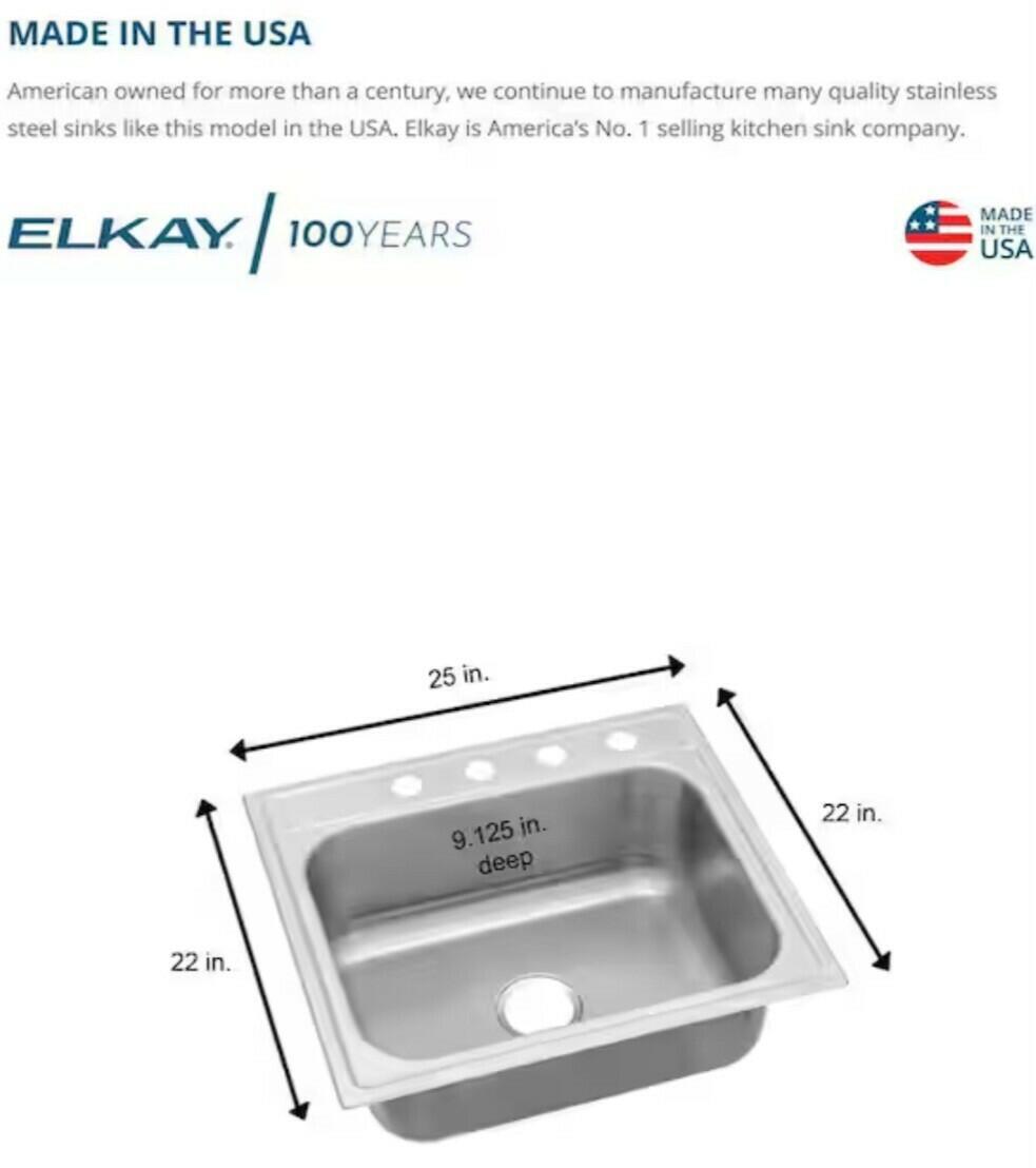 Elkay Pergola 25 in. Drop in Single Bowl 20 Gauge Stainless Steel Kitchen Sink