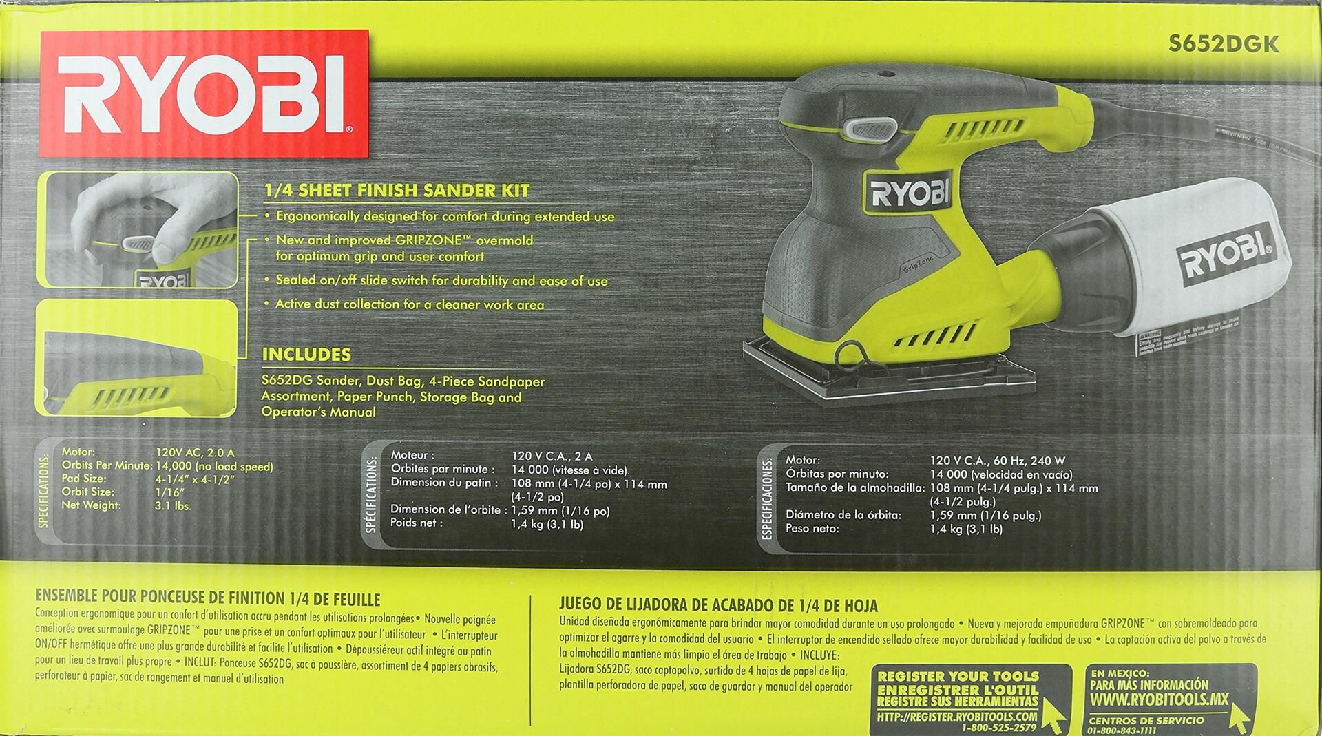 Ryobi S652DGK Corded 2 Amp 1/4 Inch 14,000 OBM Squared Orbital Finishing Sheet
