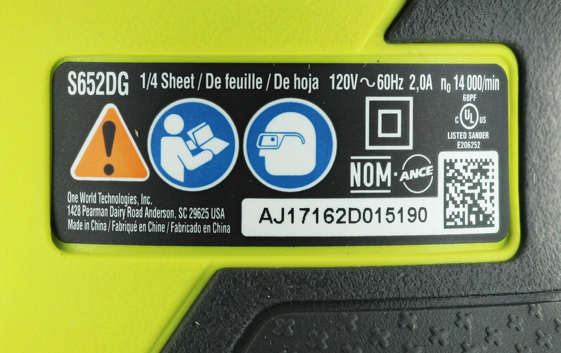 Ryobi S652DGK Corded 2 Amp 1/4 Inch 14,000 OBM Squared Orbital Finishing Sheet