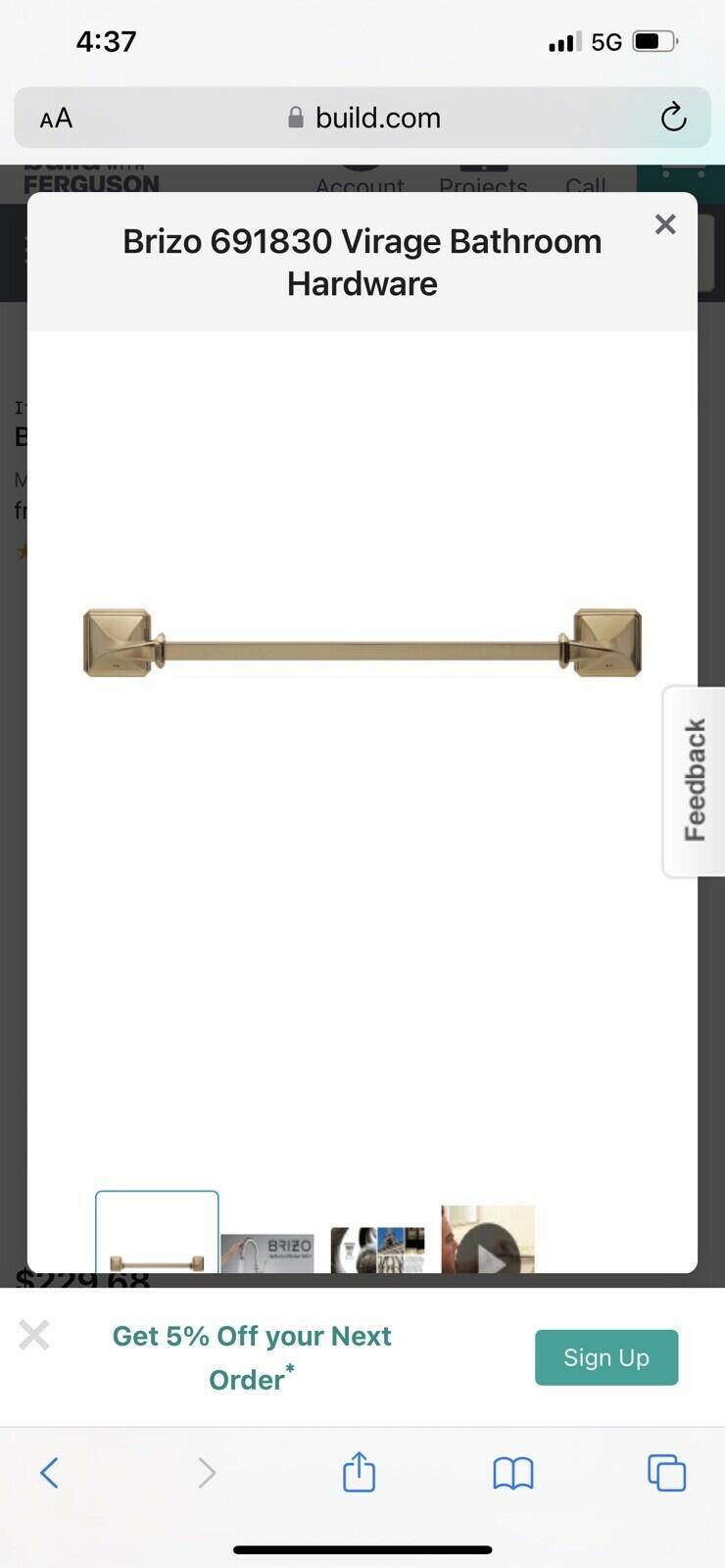 Brizo 691830GL Virage Luxe Gold Towel Bar - 18 inches