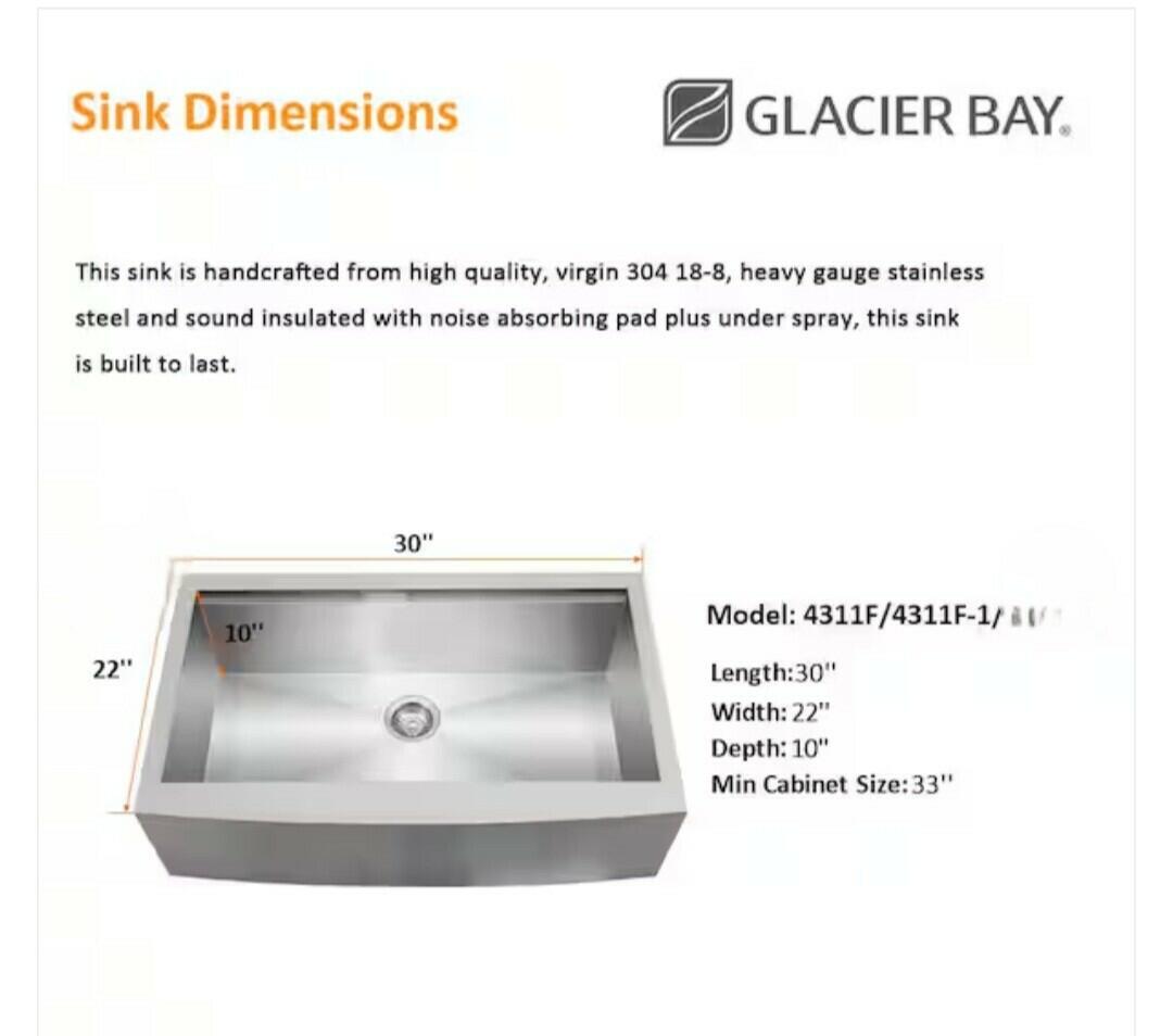 Glacier Bay 4311F 30" Apron-Front Farmhouse Single Bowl Workstation Sink -...