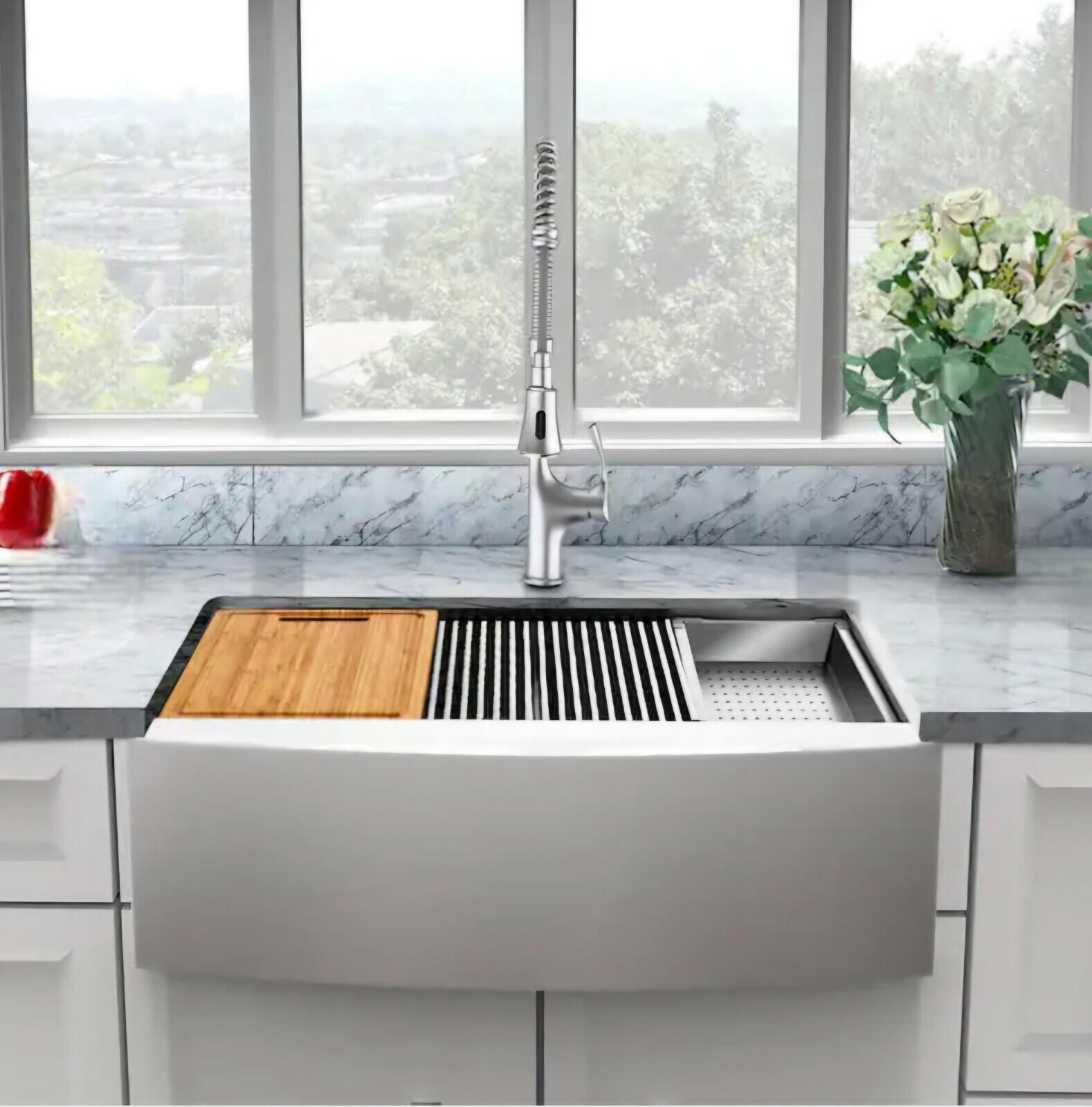 Glacier Bay 4311F 30" Apron-Front Farmhouse Single Bowl Workstation Sink -...