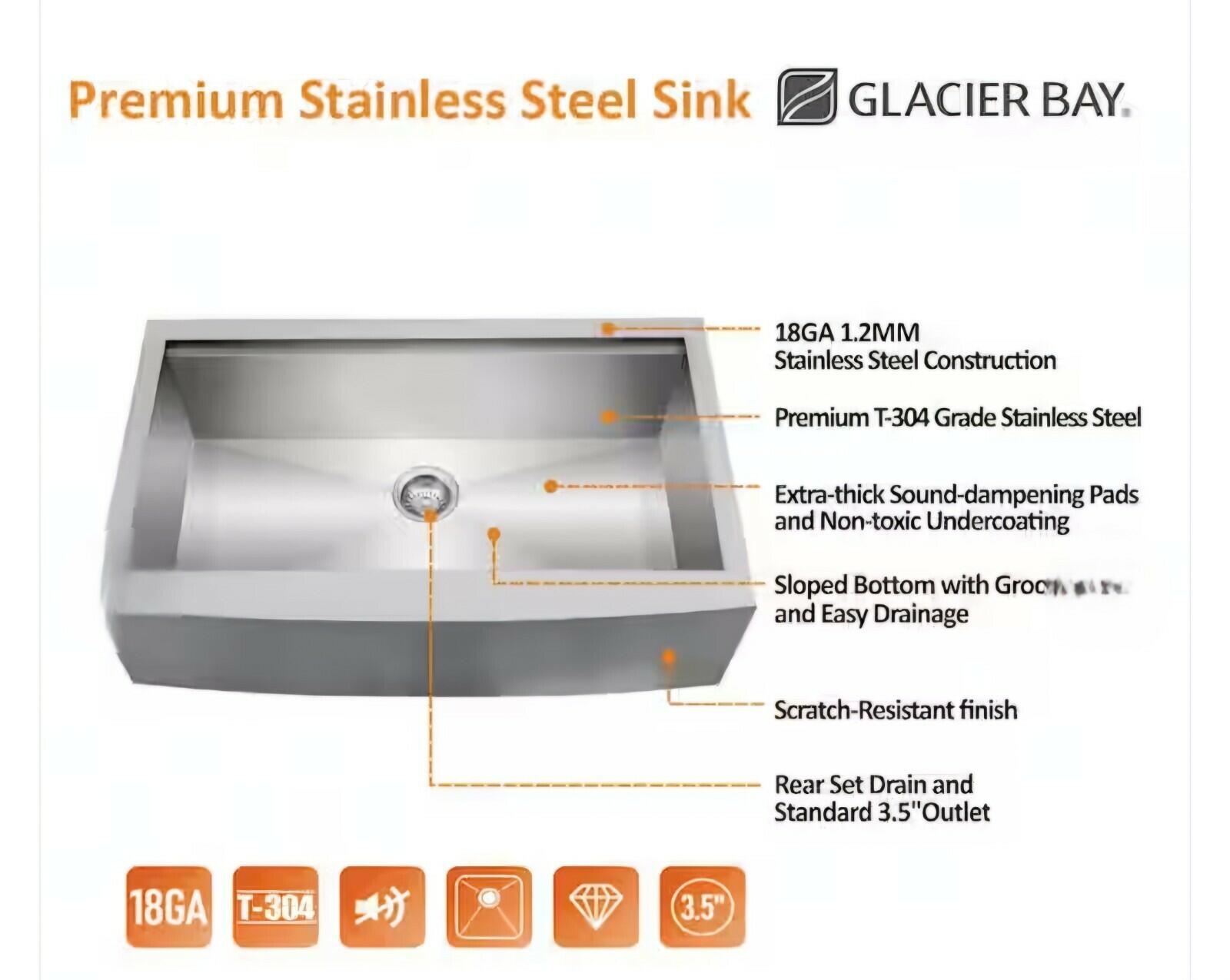 Glacier Bay 4311F 30" Apron-Front Farmhouse Single Bowl Workstation Sink -...